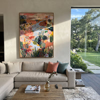 "Bohemian Lotus Garden Painting" focuses on atmosphere, surface movement, and sculptural heavy impasto craftsmanship rather than a fixed literal storyline. The composition uses this hand-painted vertical canvas presents a bohemian abstract garden with a large coral-pink lotus form, pale blue water-like movement, deep green botanical shapes, terracotta ground, dotted motifs, and raised handmade texture as the visual anchor, while layered palette-knife paint, raised plaster-like texture, and