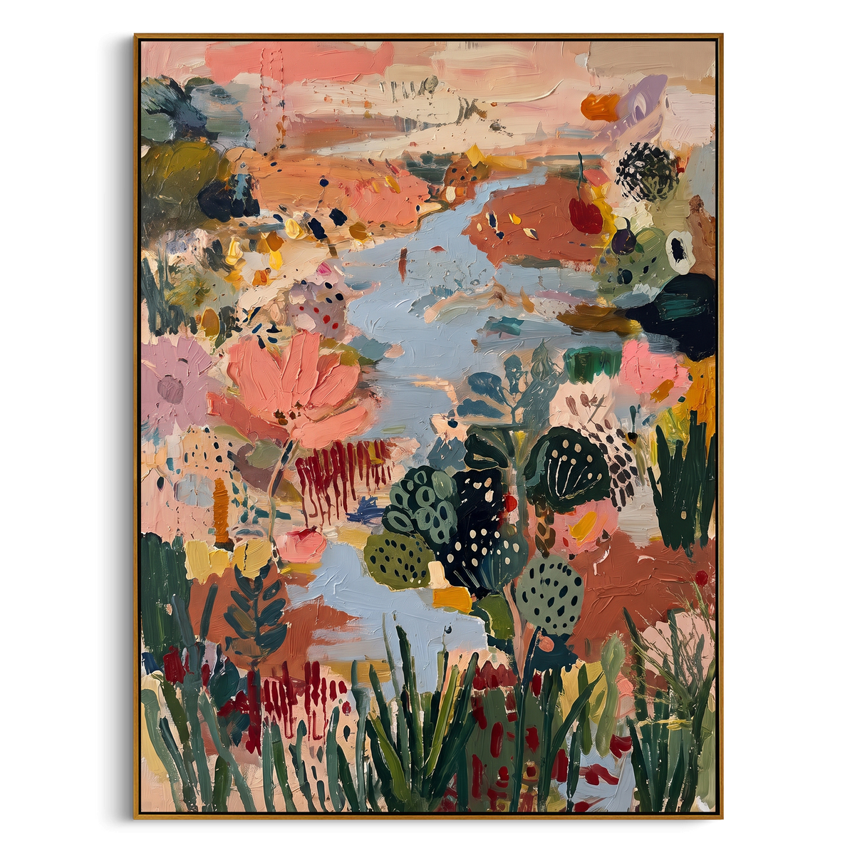 "Bohemian Lotus Garden Painting" - Modern Heavy Impasto Floral Abstract | Pink & Blue Palette Knife Painting | Luxury Vertical Wall Art #PT 1359