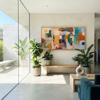 "Bohemian Color Block Panorama Painting" focuses on atmosphere, surface movement, and sculptural heavy impasto craftsmanship rather than a fixed literal storyline. The composition uses this hand-painted panoramic canvas presents a wide bohemian color-block abstract with teal panels, mustard yellow blocks, soft blush fields, cream swirls, blue passages, red linear accents, and heavy tactile paint as the visual anchor, while layered palette-knife paint, raised plaster-like texture, and softened