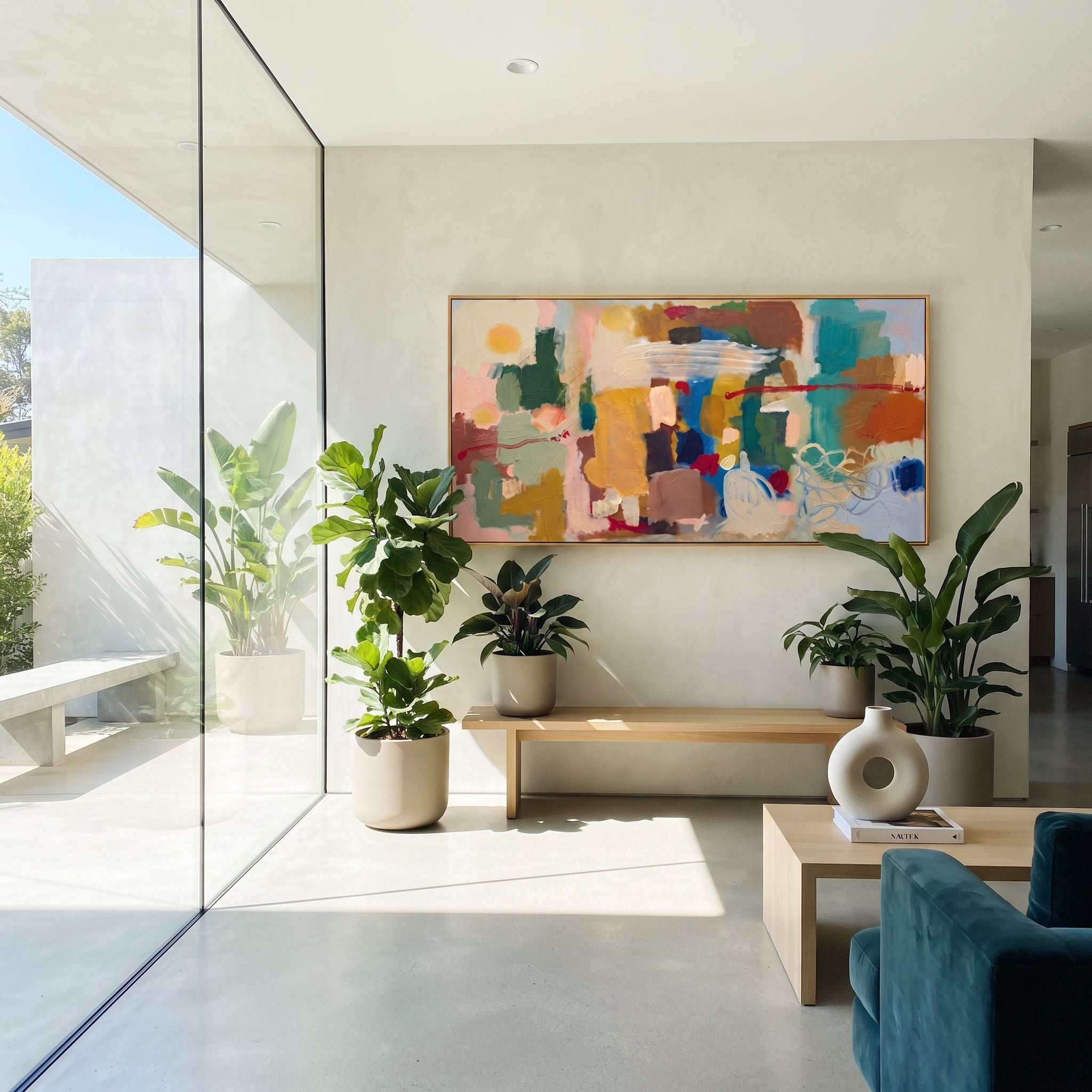 "Bohemian Color Block Panorama Painting" focuses on atmosphere, surface movement, and sculptural heavy impasto craftsmanship rather than a fixed literal storyline. The composition uses this hand-painted panoramic canvas presents a wide bohemian color-block abstract with teal panels, mustard yellow blocks, soft blush fields, cream swirls, blue passages, red linear accents, and heavy tactile paint as the visual anchor, while layered palette-knife paint, raised plaster-like texture, and softened