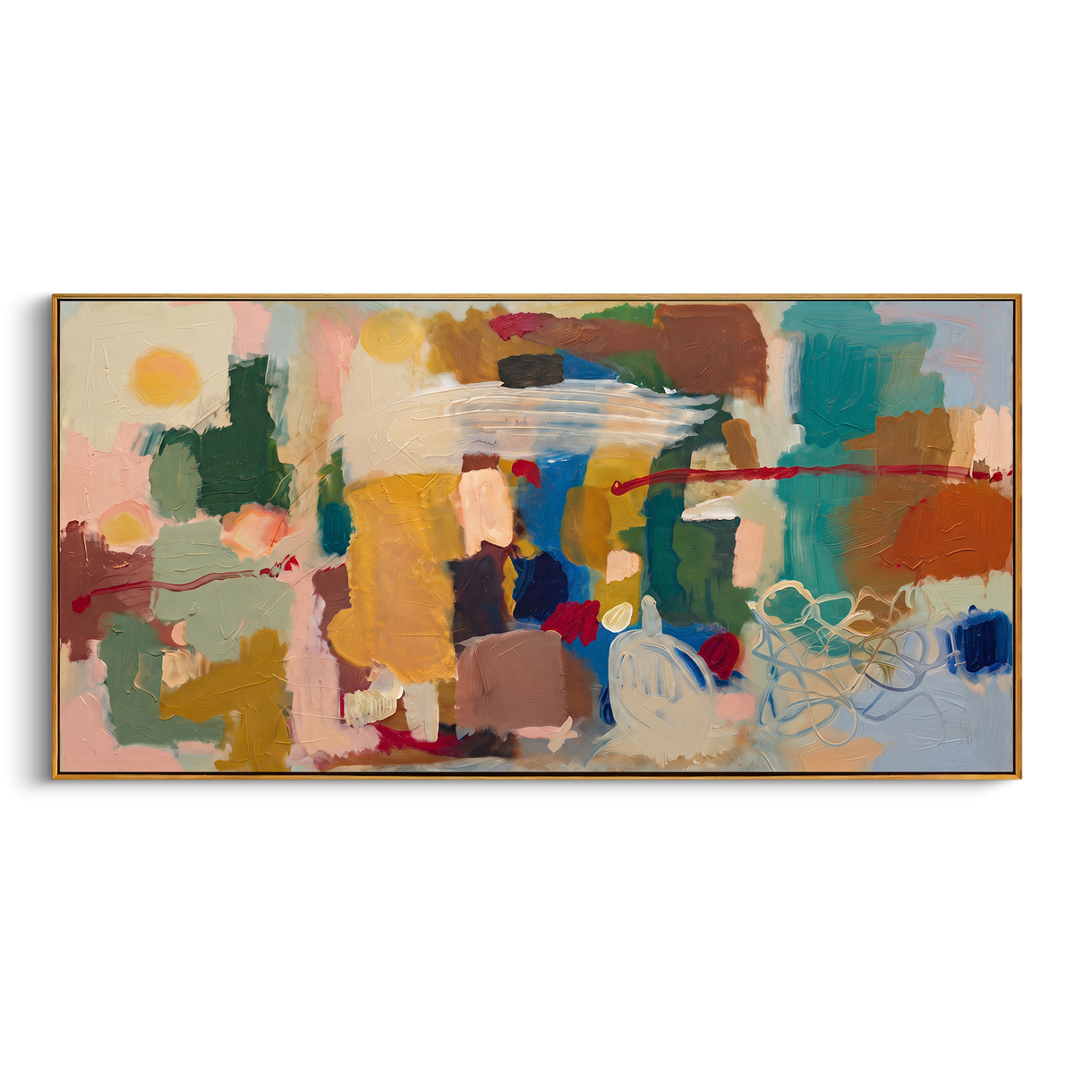 "Bohemian Color Block Panorama Painting" - Modern Heavy Impasto Geometric Abstract | Green & Yellow Palette Knife Painting | Luxury Horizontal Wall Art #PT 1360