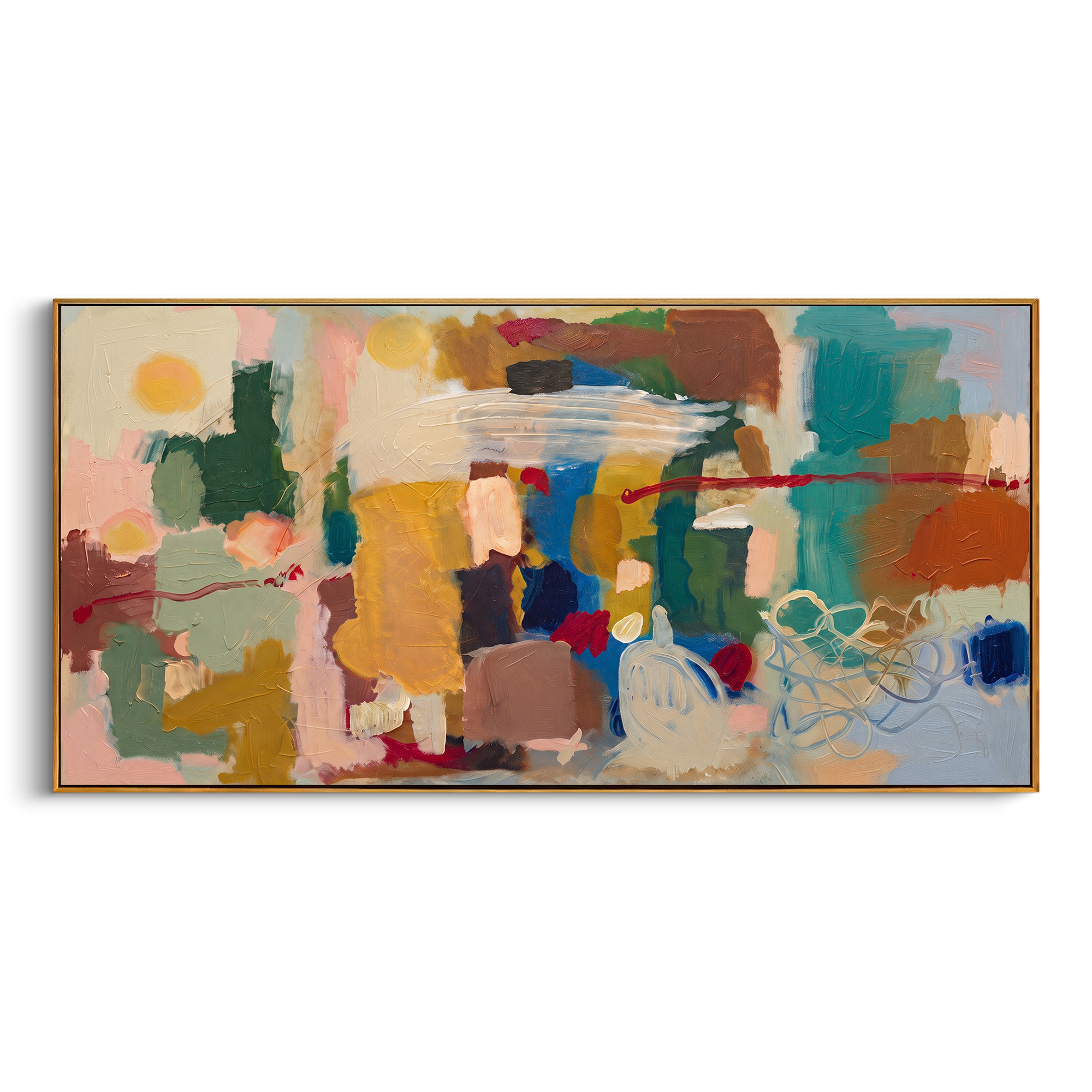"Bohemian Color Block Panorama Painting" focuses on atmosphere, surface movement, and sculptural heavy impasto craftsmanship rather than a fixed literal storyline. The composition uses this hand-painted panoramic canvas presents a wide bohemian color-block abstract with teal panels, mustard yellow blocks, soft blush fields, cream swirls, blue passages, red linear accents, and heavy tactile paint as the visual anchor, while layered palette-knife paint, raised plaster-like texture, and softened