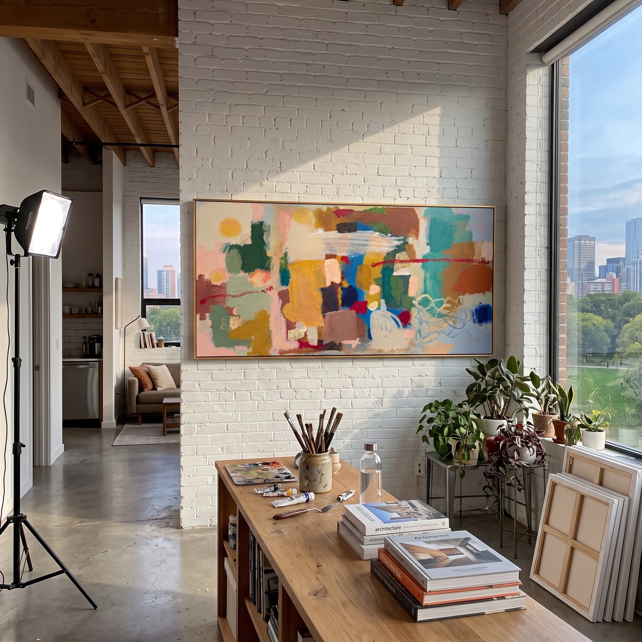 "Bohemian Color Block Panorama Painting" focuses on atmosphere, surface movement, and sculptural heavy impasto craftsmanship rather than a fixed literal storyline. The composition uses this hand-painted panoramic canvas presents a wide bohemian color-block abstract with teal panels, mustard yellow blocks, soft blush fields, cream swirls, blue passages, red linear accents, and heavy tactile paint as the visual anchor, while layered palette-knife paint, raised plaster-like texture, and softened