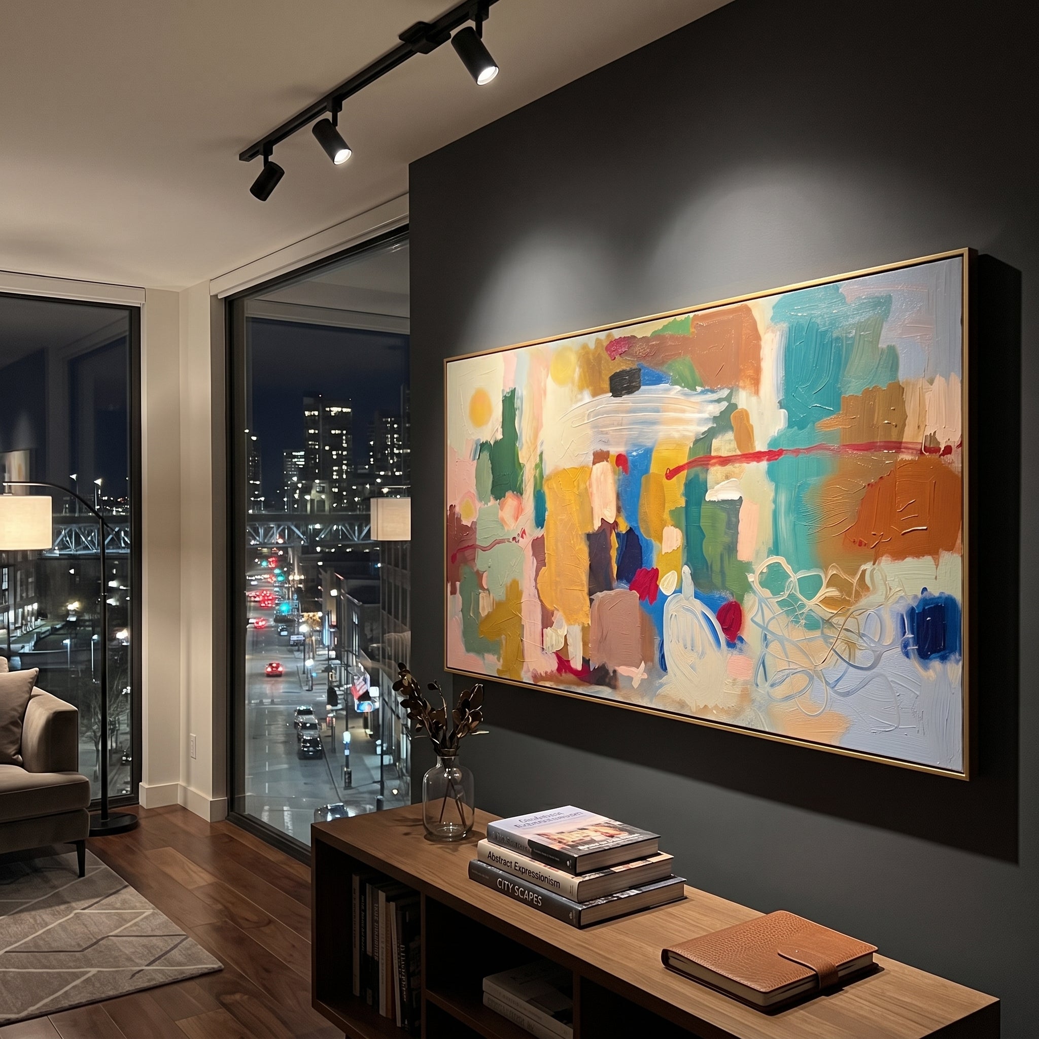 "Bohemian Color Block Panorama Painting" focuses on atmosphere, surface movement, and sculptural heavy impasto craftsmanship rather than a fixed literal storyline. The composition uses this hand-painted panoramic canvas presents a wide bohemian color-block abstract with teal panels, mustard yellow blocks, soft blush fields, cream swirls, blue passages, red linear accents, and heavy tactile paint as the visual anchor, while layered palette-knife paint, raised plaster-like texture, and softened