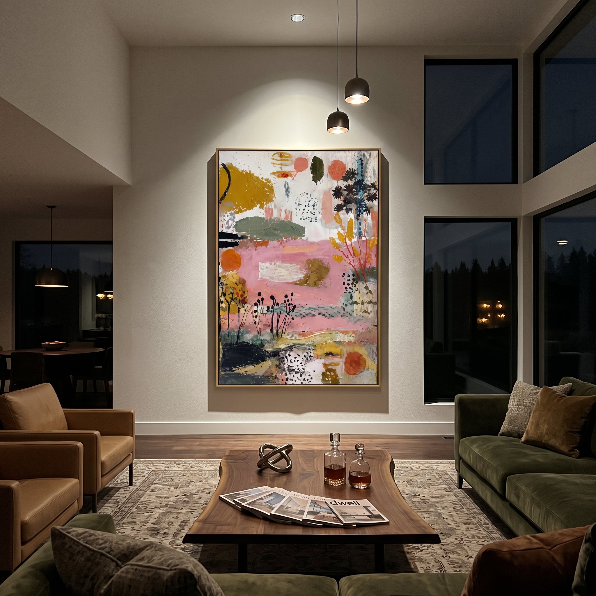 "Pink Botanical Bohemian Painting" focuses on atmosphere, surface movement, and sculptural heavy impasto craftsmanship rather than a fixed literal storyline. The composition uses this hand-painted vertical canvas presents a soft pink bohemian botanical abstract with black seed-like stems, ochre leaf forms, olive green bands, coral circles, dotted texture, and raised plaster-like brushwork as the visual anchor, while layered palette-knife paint, raised plaster-like texture, and softened brush