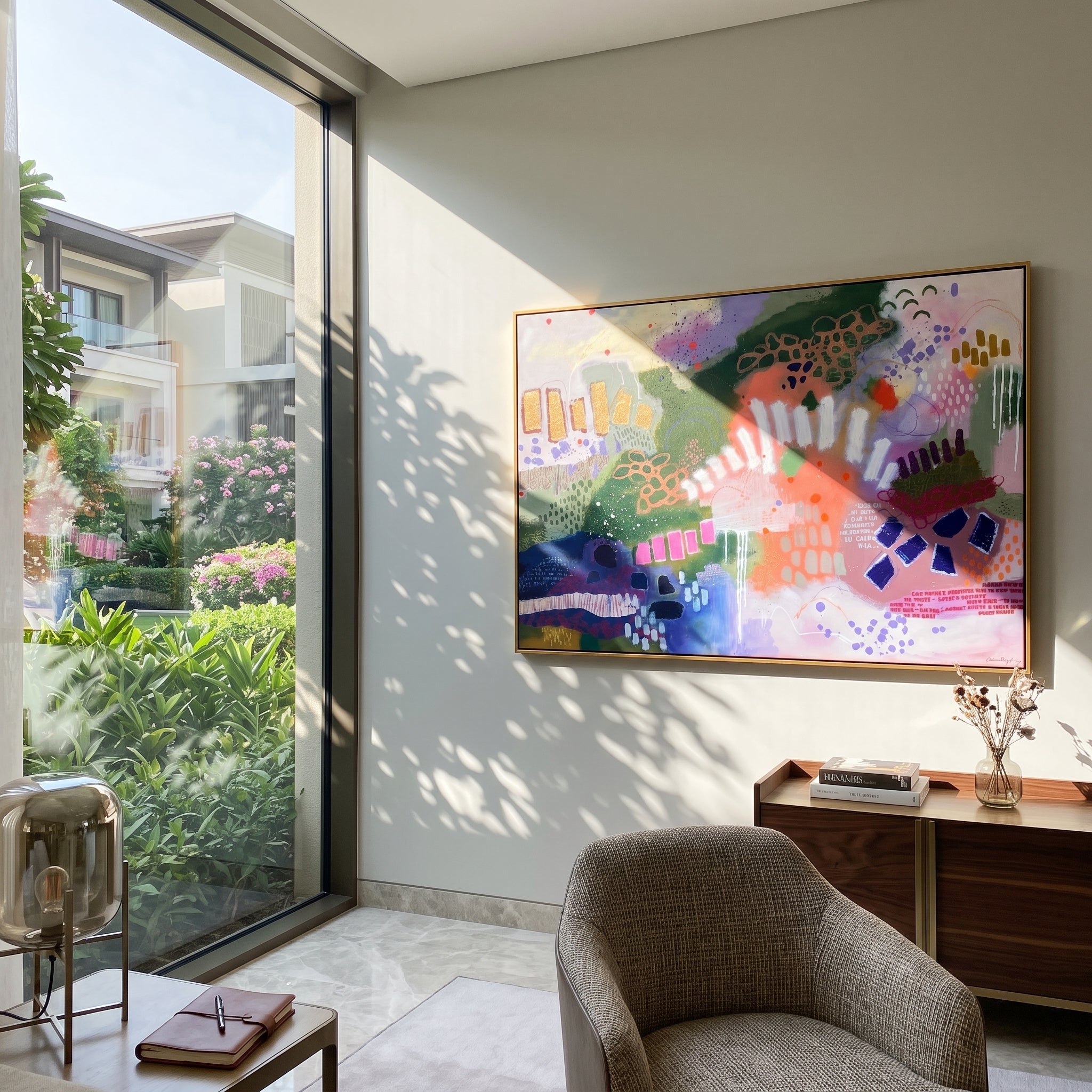 "Bohemian Pattern Field Painting" focuses on atmosphere, surface movement, and sculptural heavy impasto craftsmanship rather than a fixed literal storyline. The composition uses this hand-painted horizontal canvas presents a bohemian pattern-field abstract with deep green shapes, coral and lavender passages, white rhythmic marks, purple dots, navy blocks, and layered graphic texture as the visual anchor, while layered palette-knife paint, raised plaster-like texture, and softened brush movement