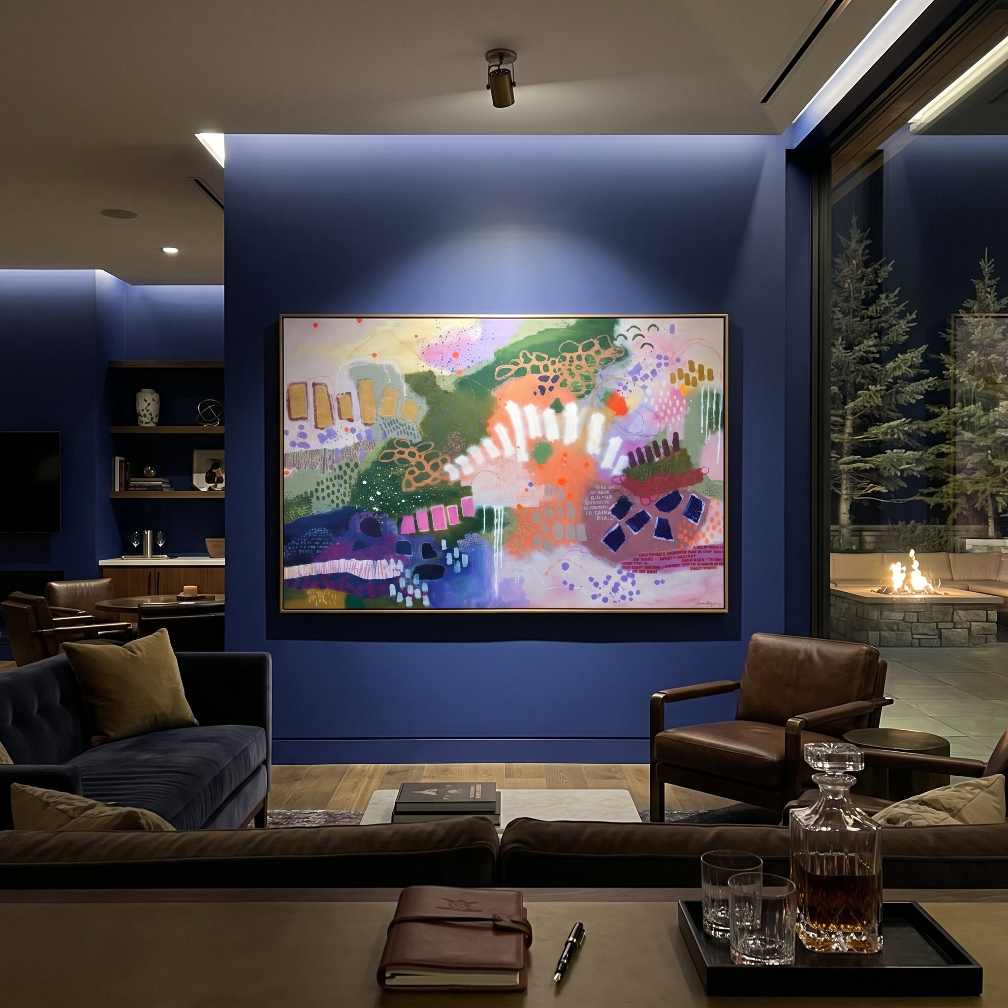 "Bohemian Pattern Field Painting" focuses on atmosphere, surface movement, and sculptural heavy impasto craftsmanship rather than a fixed literal storyline. The composition uses this hand-painted horizontal canvas presents a bohemian pattern-field abstract with deep green shapes, coral and lavender passages, white rhythmic marks, purple dots, navy blocks, and layered graphic texture as the visual anchor, while layered palette-knife paint, raised plaster-like texture, and softened brush movement