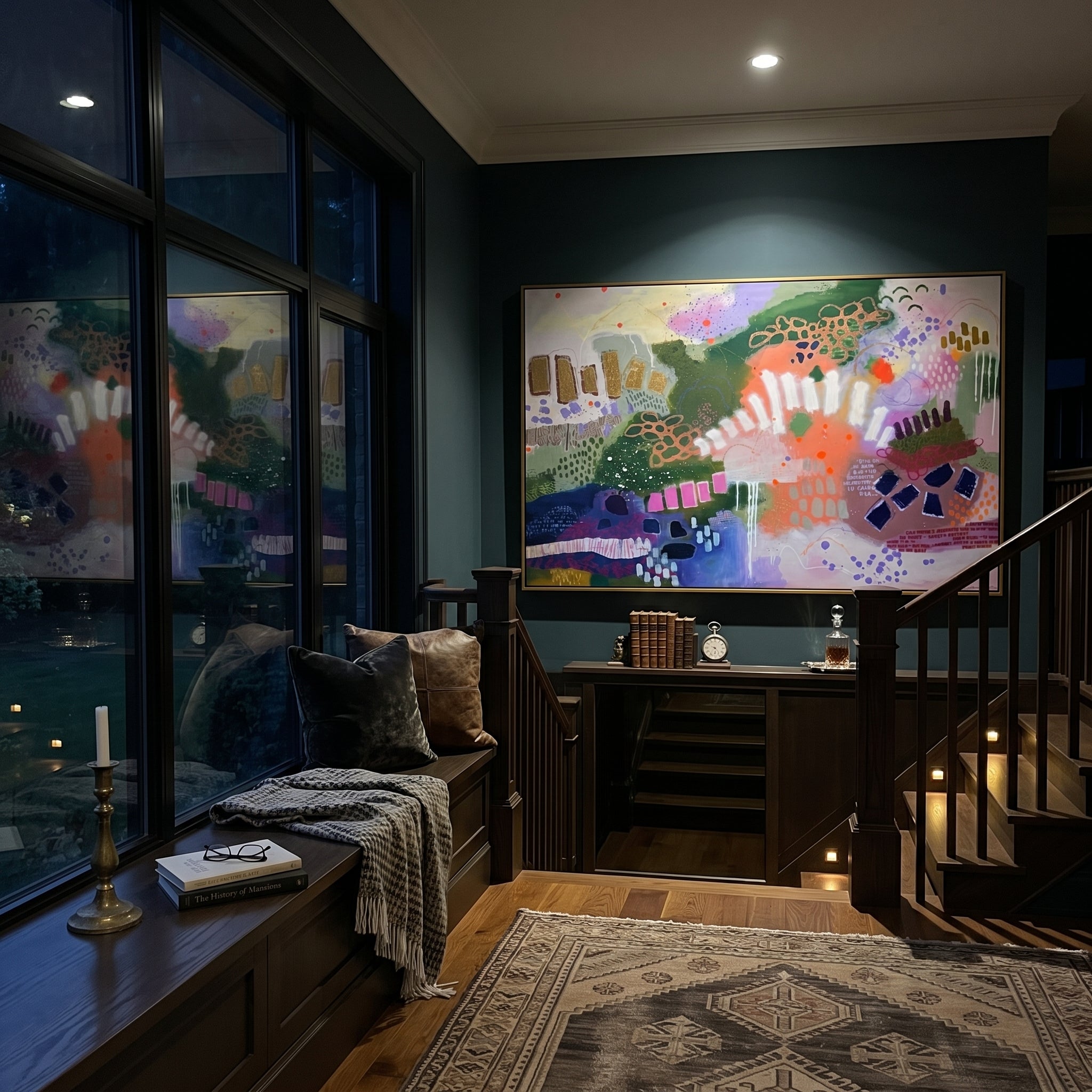 "Bohemian Pattern Field Painting" focuses on atmosphere, surface movement, and sculptural heavy impasto craftsmanship rather than a fixed literal storyline. The composition uses this hand-painted horizontal canvas presents a bohemian pattern-field abstract with deep green shapes, coral and lavender passages, white rhythmic marks, purple dots, navy blocks, and layered graphic texture as the visual anchor, while layered palette-knife paint, raised plaster-like texture, and softened brush movement