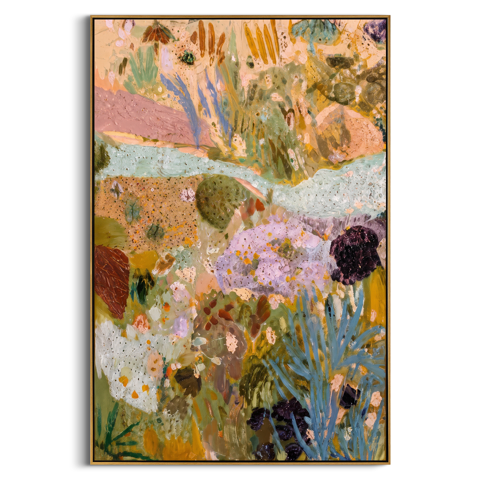 "Soft Bohemian Botanical Painting" focuses on atmosphere, surface movement, and sculptural heavy impasto craftsmanship rather than a fixed literal storyline. The composition uses this hand-painted vertical canvas presents a soft bohemian botanical abstract with pale aqua movement, muted green foliage, lavender floral forms, ochre earth tones, speckled texture, and airy layered brushwork as the visual anchor, while layered palette-knife paint, raised plaster-like texture, and softened brush