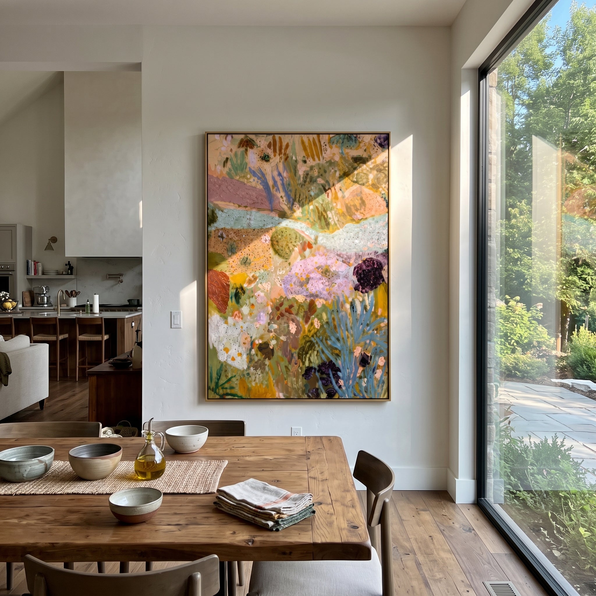 "Soft Bohemian Botanical Painting" focuses on atmosphere, surface movement, and sculptural heavy impasto craftsmanship rather than a fixed literal storyline. The composition uses this hand-painted vertical canvas presents a soft bohemian botanical abstract with pale aqua movement, muted green foliage, lavender floral forms, ochre earth tones, speckled texture, and airy layered brushwork as the visual anchor, while layered palette-knife paint, raised plaster-like texture, and softened brush