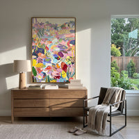 "Pastel Bohemian Floral Garden Painting" focuses on atmosphere, surface movement, and sculptural heavy impasto craftsmanship rather than a fixed literal storyline. The composition uses this hand-painted vertical canvas presents a bright pastel bohemian floral garden with lavender blossoms, pink and yellow petals, pale blue flowing paths, green leaf shapes, dotted accents, and thick raised impasto texture as the visual anchor, while layered palette-knife paint, raised plaster-like texture, and