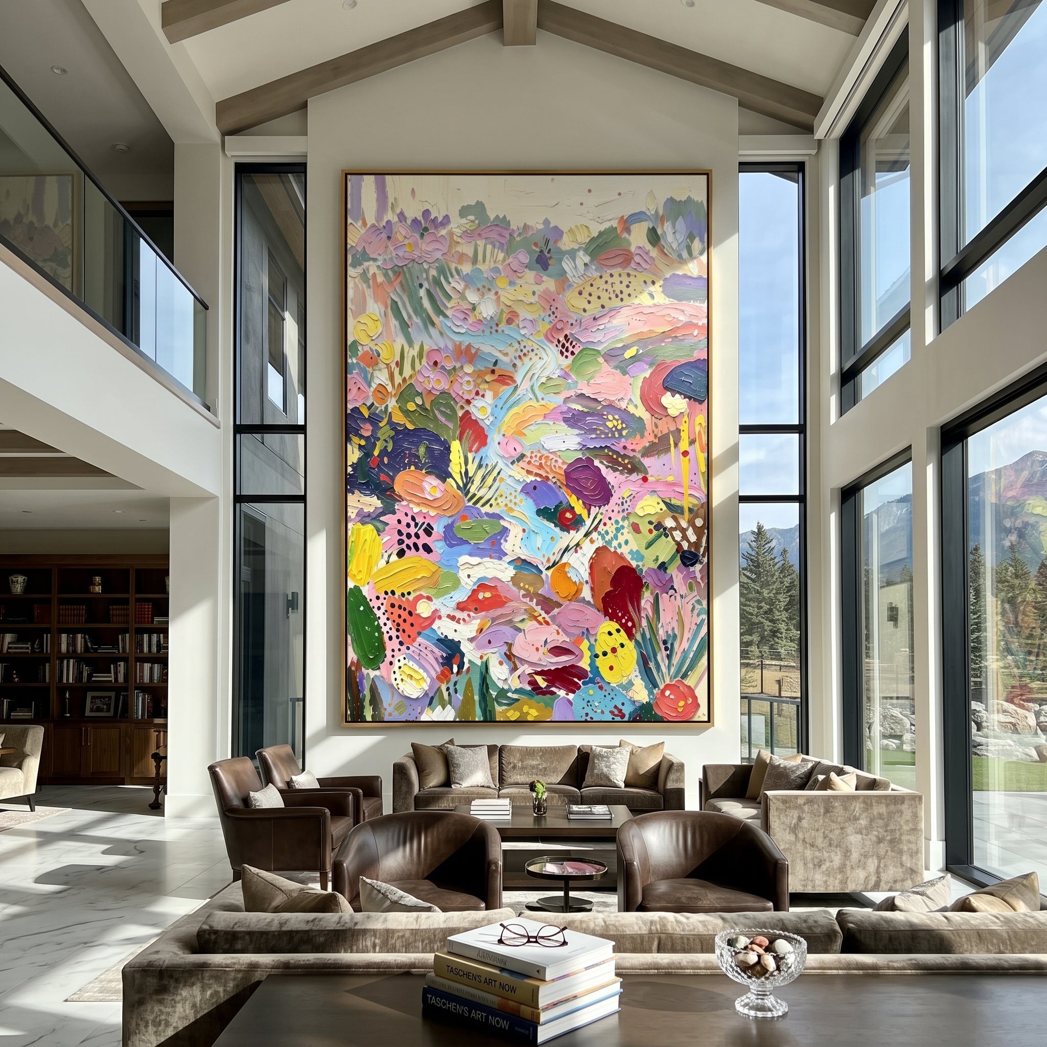 "Pastel Bohemian Floral Garden Painting" focuses on atmosphere, surface movement, and sculptural heavy impasto craftsmanship rather than a fixed literal storyline. The composition uses this hand-painted vertical canvas presents a bright pastel bohemian floral garden with lavender blossoms, pink and yellow petals, pale blue flowing paths, green leaf shapes, dotted accents, and thick raised impasto texture as the visual anchor, while layered palette-knife paint, raised plaster-like texture, and