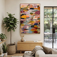 "Muted Bohemian River Abstract Painting" focuses on atmosphere, surface movement, and sculptural heavy impasto craftsmanship rather than a fixed literal storyline. The composition uses this hand-painted vertical canvas presents a muted bohemian abstract with a pale blue river-like center, mustard and mauve patches, dotted mushroom-like forms, olive green marks, coral accents, and thick tactile brushwork as the visual anchor, while layered palette-knife paint, raised plaster-like texture, and