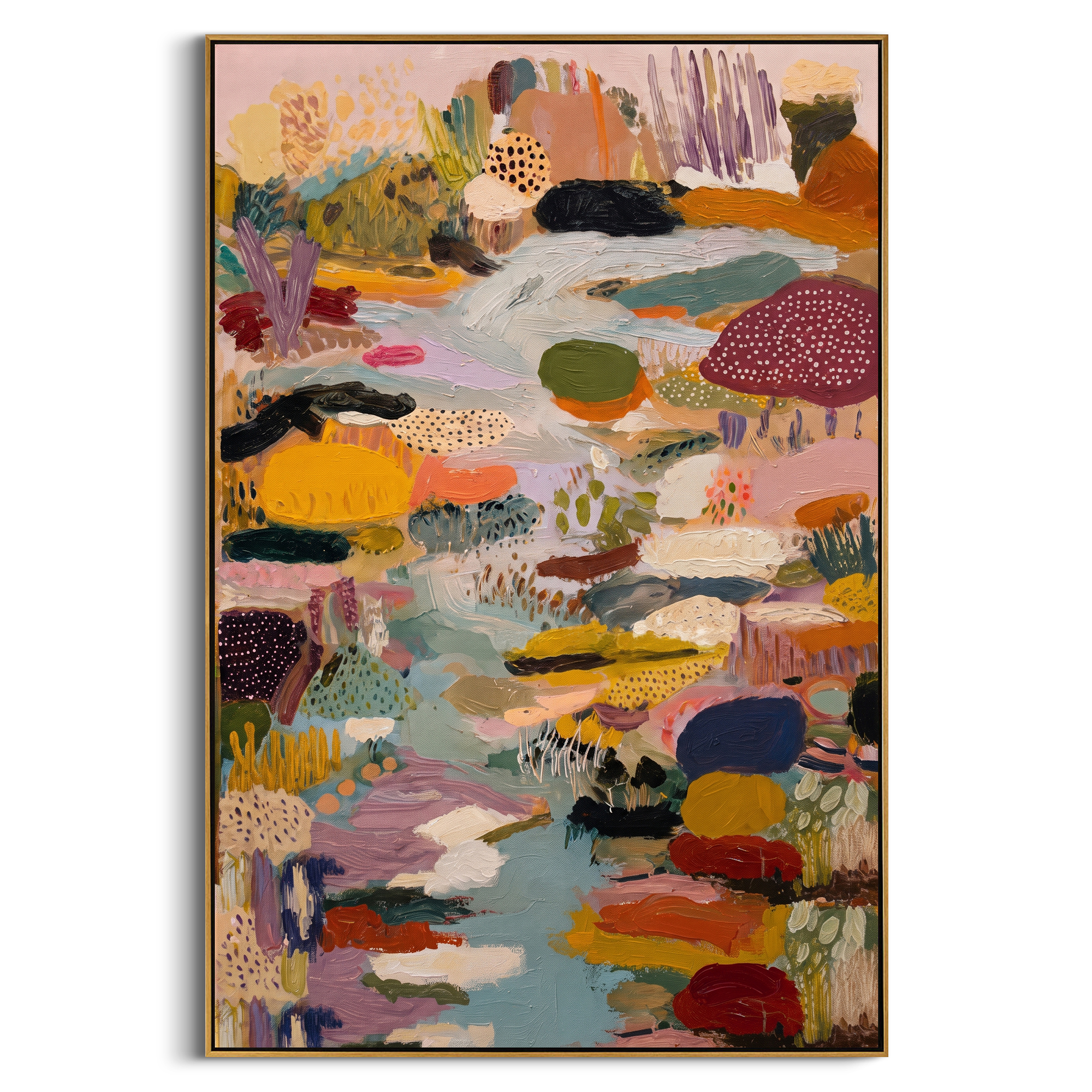 "Muted Bohemian River Abstract Painting" focuses on atmosphere, surface movement, and sculptural heavy impasto craftsmanship rather than a fixed literal storyline. The composition uses this hand-painted vertical canvas presents a muted bohemian abstract with a pale blue river-like center, mustard and mauve patches, dotted mushroom-like forms, olive green marks, coral accents, and thick tactile brushwork as the visual anchor, while layered palette-knife paint, raised plaster-like texture, and