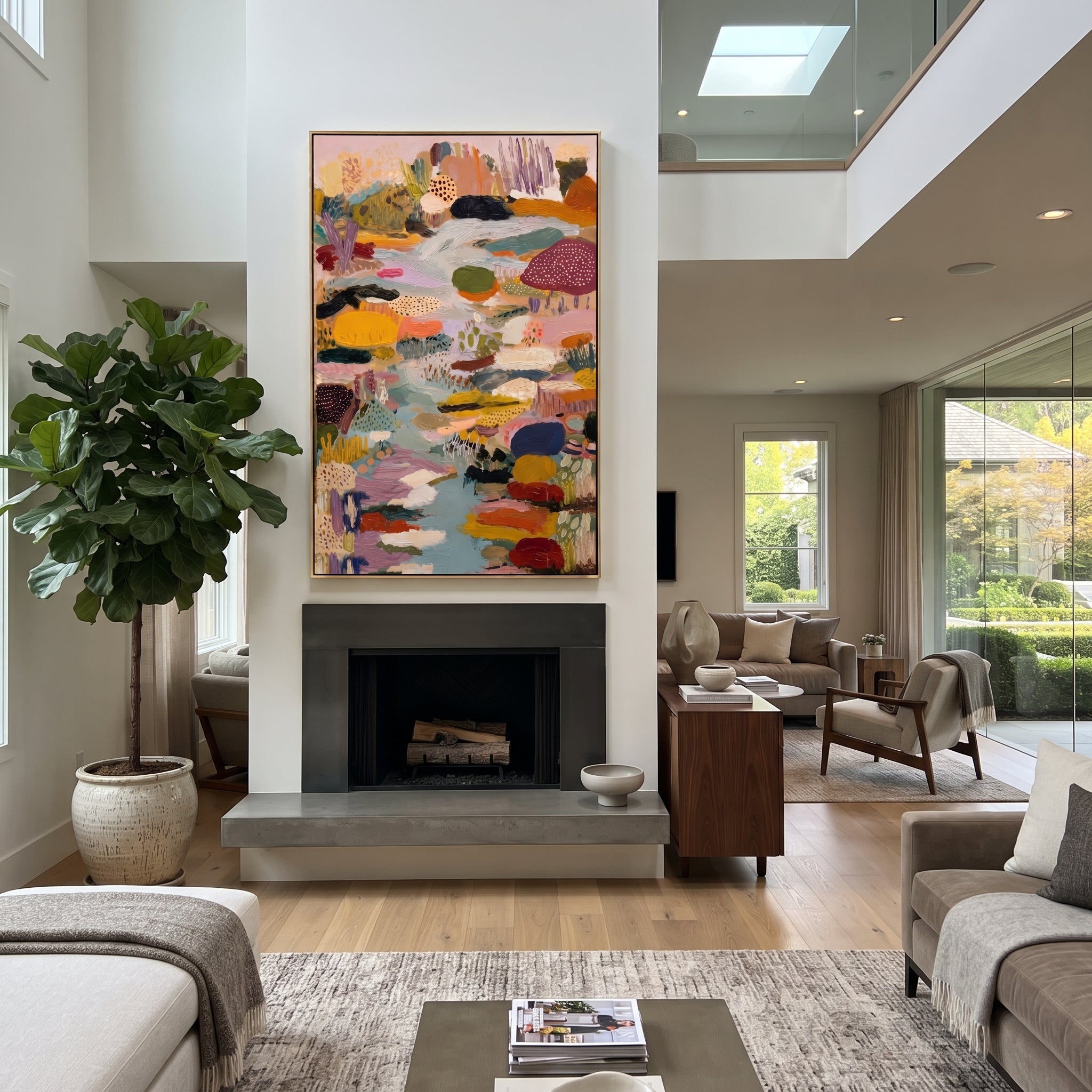 "Muted Bohemian River Abstract Painting" focuses on atmosphere, surface movement, and sculptural heavy impasto craftsmanship rather than a fixed literal storyline. The composition uses this hand-painted vertical canvas presents a muted bohemian abstract with a pale blue river-like center, mustard and mauve patches, dotted mushroom-like forms, olive green marks, coral accents, and thick tactile brushwork as the visual anchor, while layered palette-knife paint, raised plaster-like texture, and