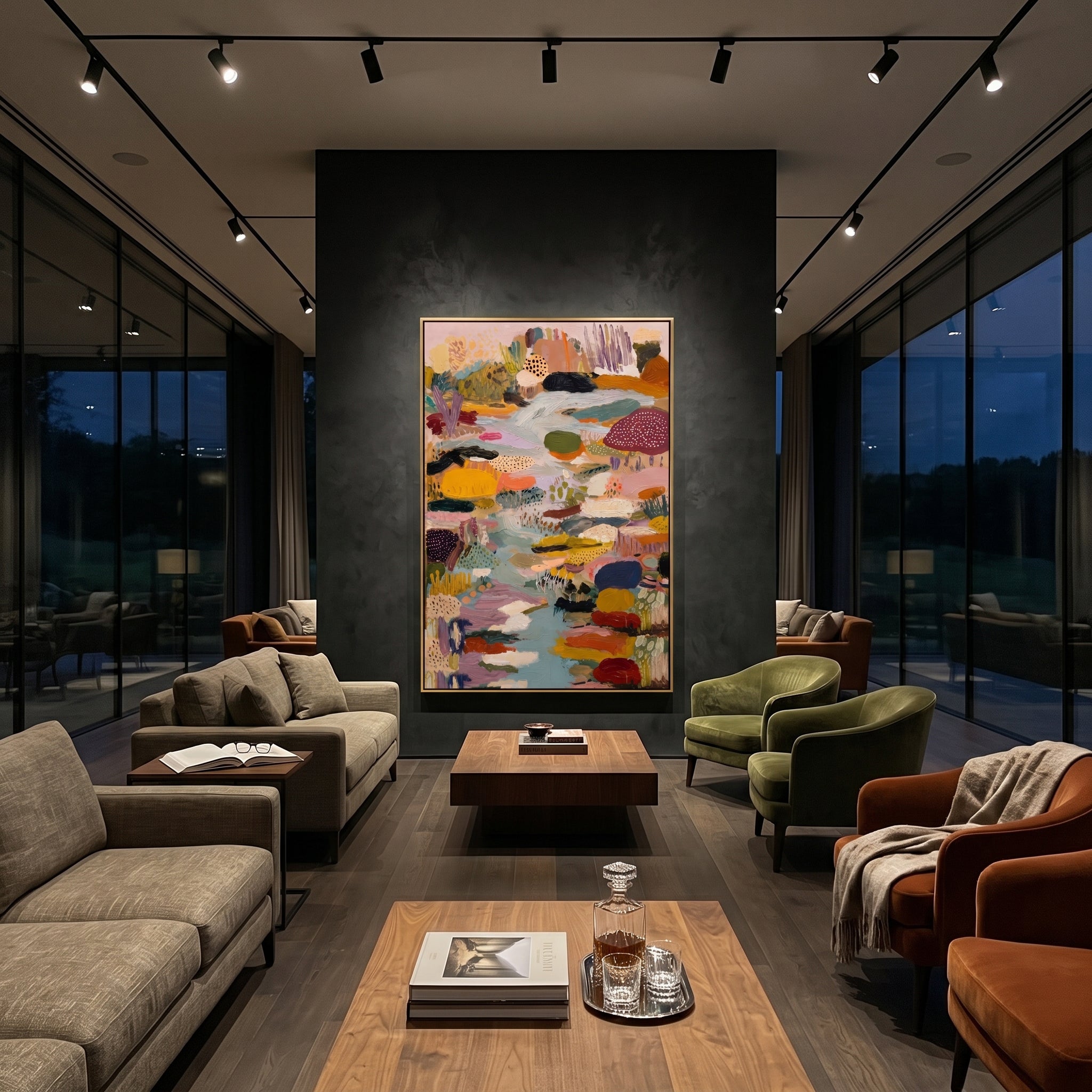 "Muted Bohemian River Abstract Painting" focuses on atmosphere, surface movement, and sculptural heavy impasto craftsmanship rather than a fixed literal storyline. The composition uses this hand-painted vertical canvas presents a muted bohemian abstract with a pale blue river-like center, mustard and mauve patches, dotted mushroom-like forms, olive green marks, coral accents, and thick tactile brushwork as the visual anchor, while layered palette-knife paint, raised plaster-like texture, and