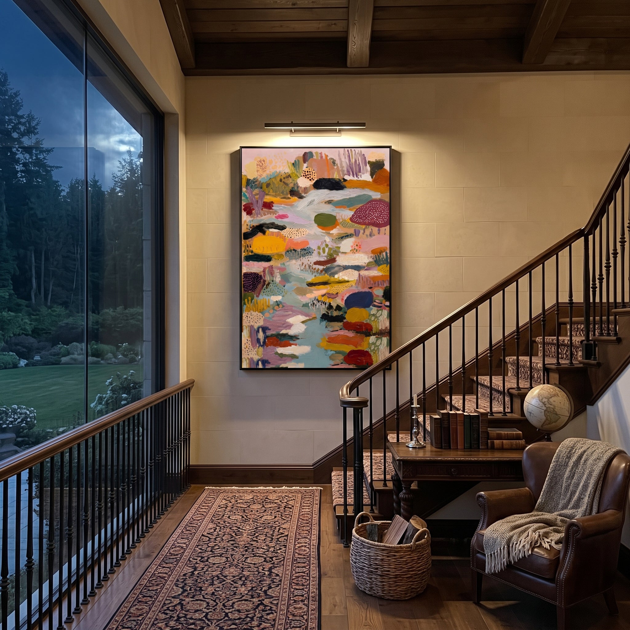 "Muted Bohemian River Abstract Painting" focuses on atmosphere, surface movement, and sculptural heavy impasto craftsmanship rather than a fixed literal storyline. The composition uses this hand-painted vertical canvas presents a muted bohemian abstract with a pale blue river-like center, mustard and mauve patches, dotted mushroom-like forms, olive green marks, coral accents, and thick tactile brushwork as the visual anchor, while layered palette-knife paint, raised plaster-like texture, and