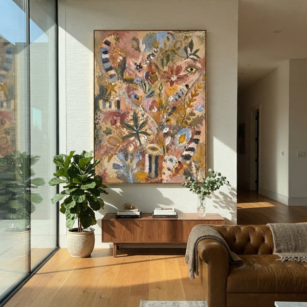 "Bohemian Botanical Totem Painting" - Modern Heavy Impasto Floral Abstract | Beige & Pink Palette Knife Painting | Luxury Vertical Wall Art #PT 1366