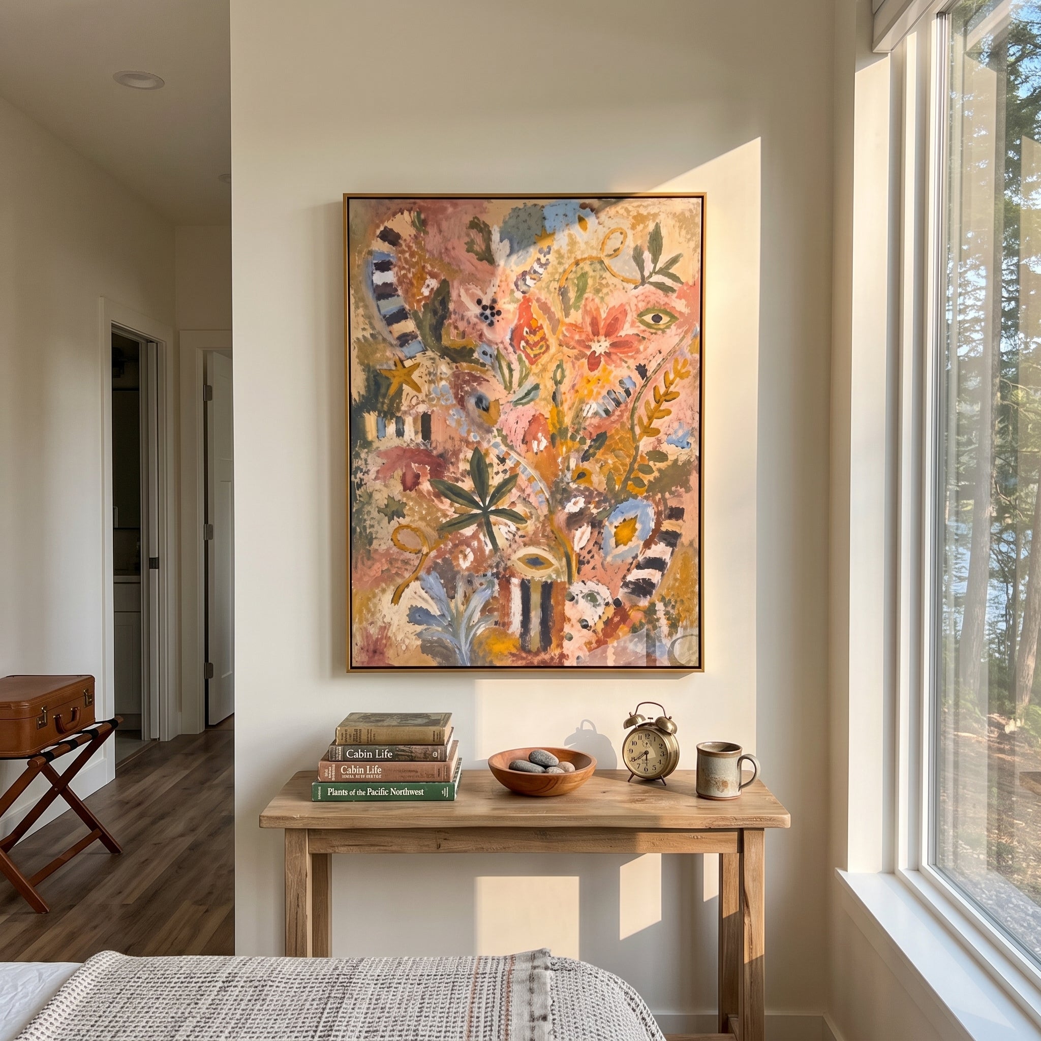 "Bohemian Botanical Totem Painting" focuses on atmosphere, surface movement, and sculptural heavy impasto craftsmanship rather than a fixed literal storyline. The composition uses this hand-painted vertical canvas presents a warm bohemian botanical totem composition with leafy stems, floral symbols, striped accents, eye-like motifs, soft blue details, dusty rose ground, and weathered textured paint as the visual anchor, while layered palette-knife paint, raised plaster-like texture, and softened