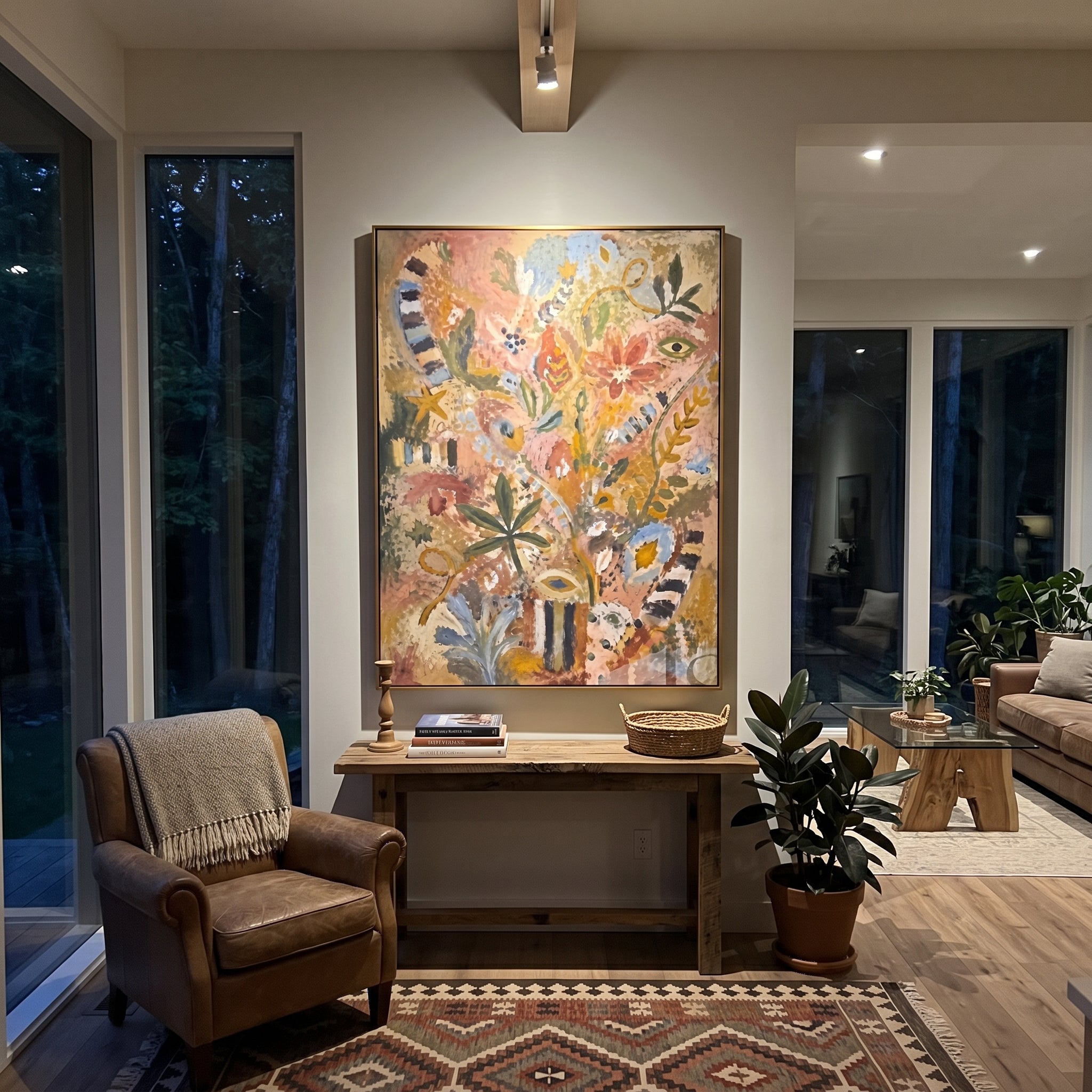 "Bohemian Botanical Totem Painting" focuses on atmosphere, surface movement, and sculptural heavy impasto craftsmanship rather than a fixed literal storyline. The composition uses this hand-painted vertical canvas presents a warm bohemian botanical totem composition with leafy stems, floral symbols, striped accents, eye-like motifs, soft blue details, dusty rose ground, and weathered textured paint as the visual anchor, while layered palette-knife paint, raised plaster-like texture, and softened