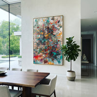 "Turquoise Burst Bohemian Painting" focuses on atmosphere, surface movement, and sculptural heavy impasto craftsmanship rather than a fixed literal storyline. The composition uses this hand-painted vertical canvas presents an energetic bohemian abstract burst with turquoise sweeps, black linear movement, red dots, orange marks, smoky grey layers, and expressive splattered texture as the visual anchor, while layered palette-knife paint, raised plaster-like texture, and softened brush movement