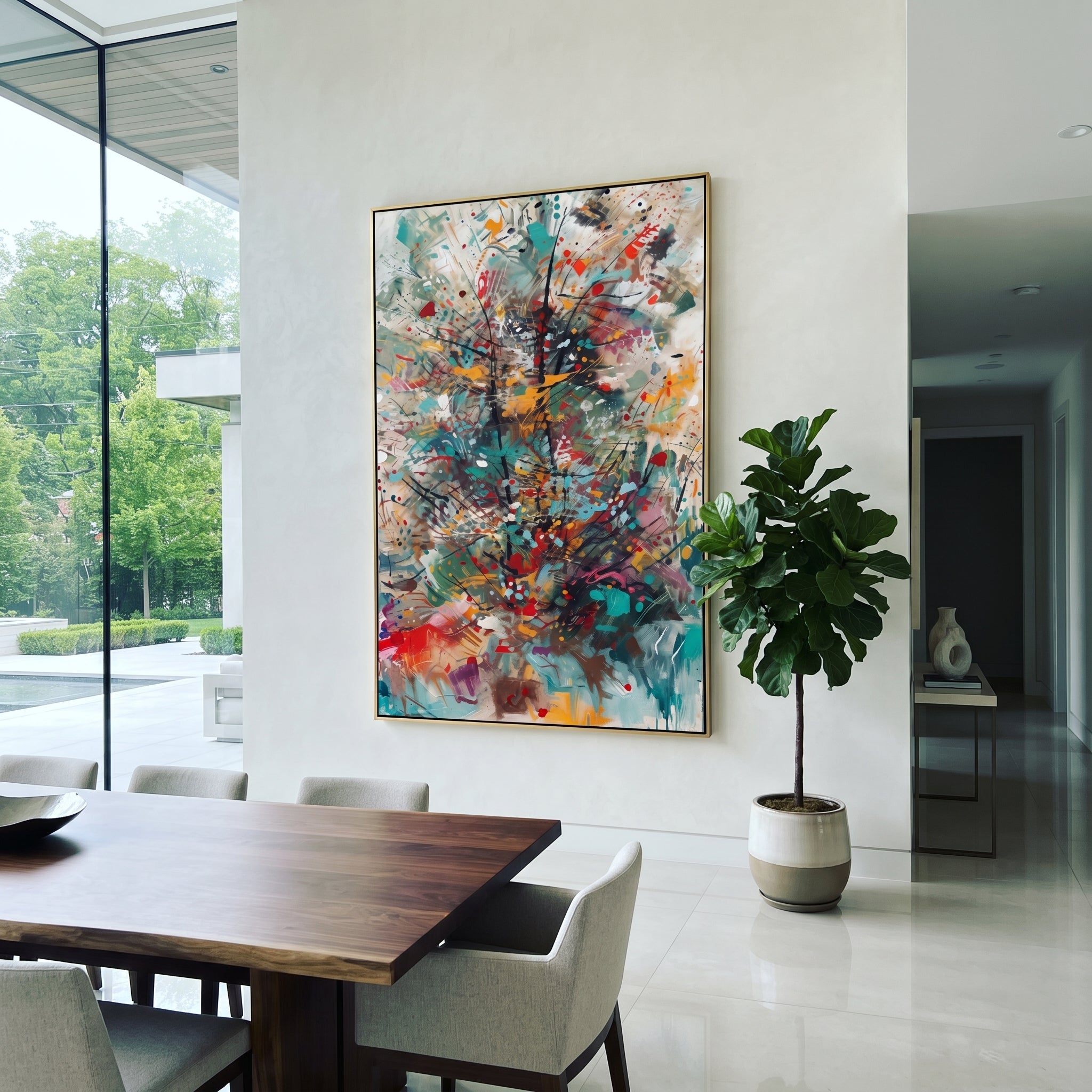 "Turquoise Burst Bohemian Painting" focuses on atmosphere, surface movement, and sculptural heavy impasto craftsmanship rather than a fixed literal storyline. The composition uses this hand-painted vertical canvas presents an energetic bohemian abstract burst with turquoise sweeps, black linear movement, red dots, orange marks, smoky grey layers, and expressive splattered texture as the visual anchor, while layered palette-knife paint, raised plaster-like texture, and softened brush movement