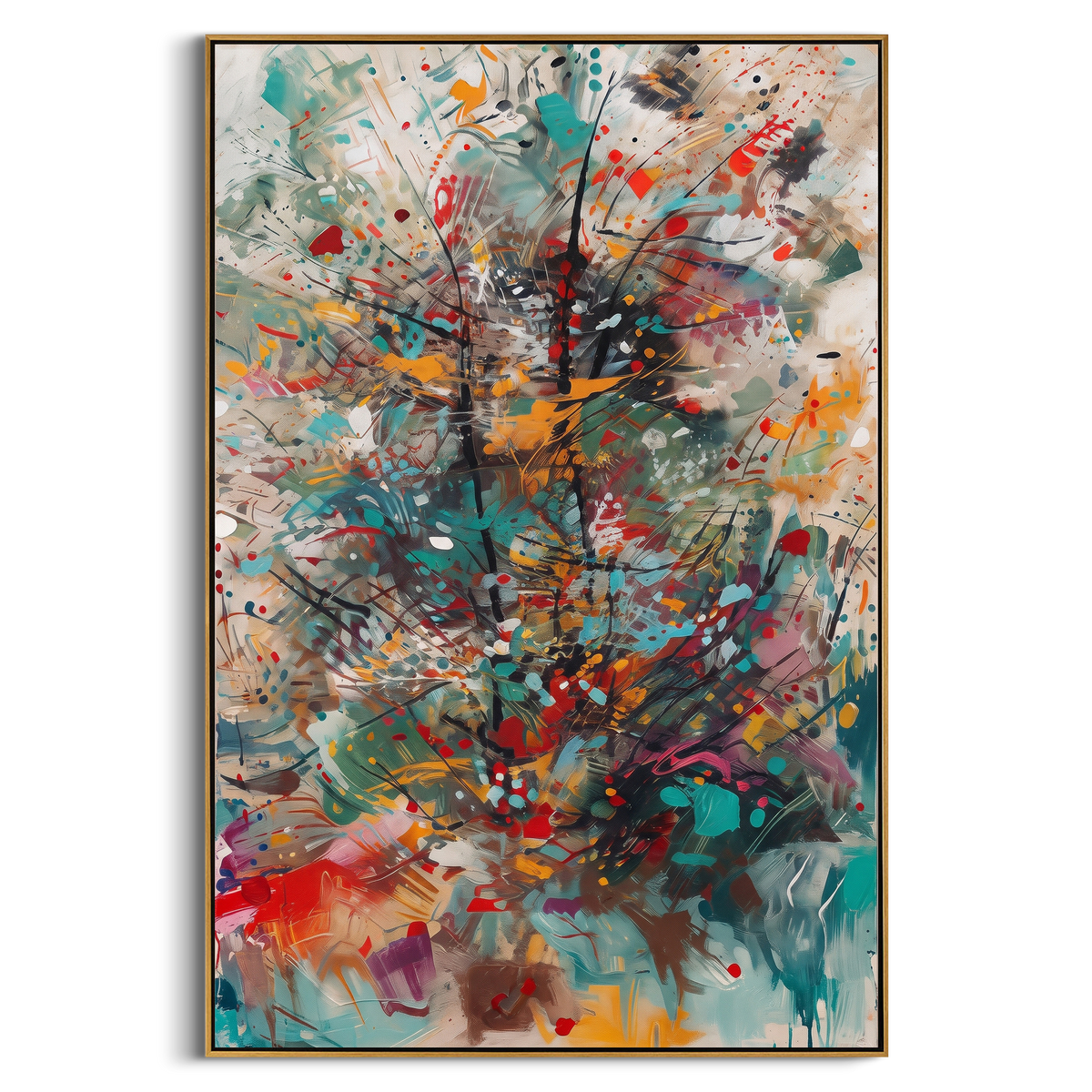 "Turquoise Burst Bohemian Painting" - Modern Heavy Impasto Geometric Abstract | Blue & Red Palette Knife Painting | Luxury Vertical Wall Art #PT 1367