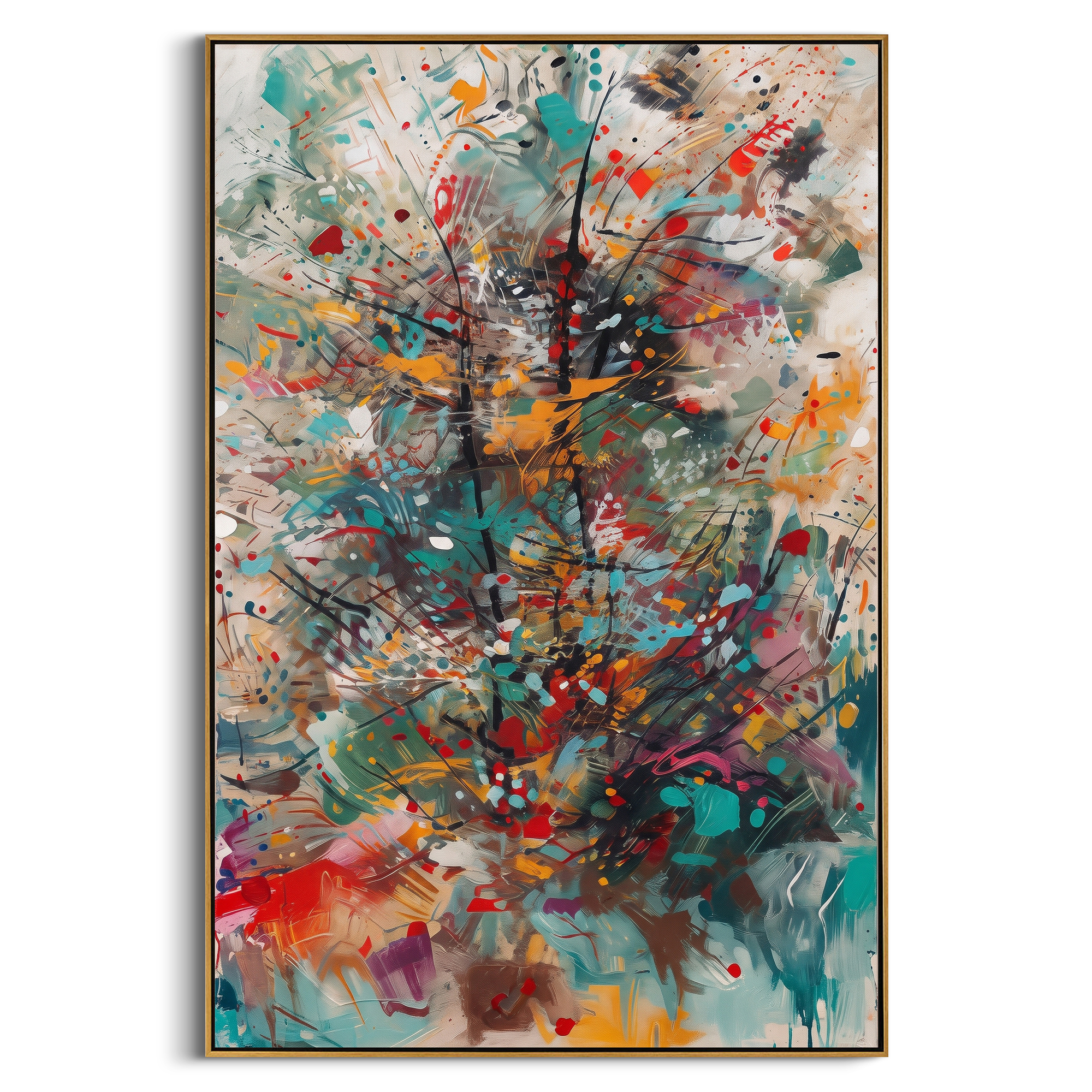 "Turquoise Burst Bohemian Painting" focuses on atmosphere, surface movement, and sculptural heavy impasto craftsmanship rather than a fixed literal storyline. The composition uses this hand-painted vertical canvas presents an energetic bohemian abstract burst with turquoise sweeps, black linear movement, red dots, orange marks, smoky grey layers, and expressive splattered texture as the visual anchor, while layered palette-knife paint, raised plaster-like texture, and softened brush movement