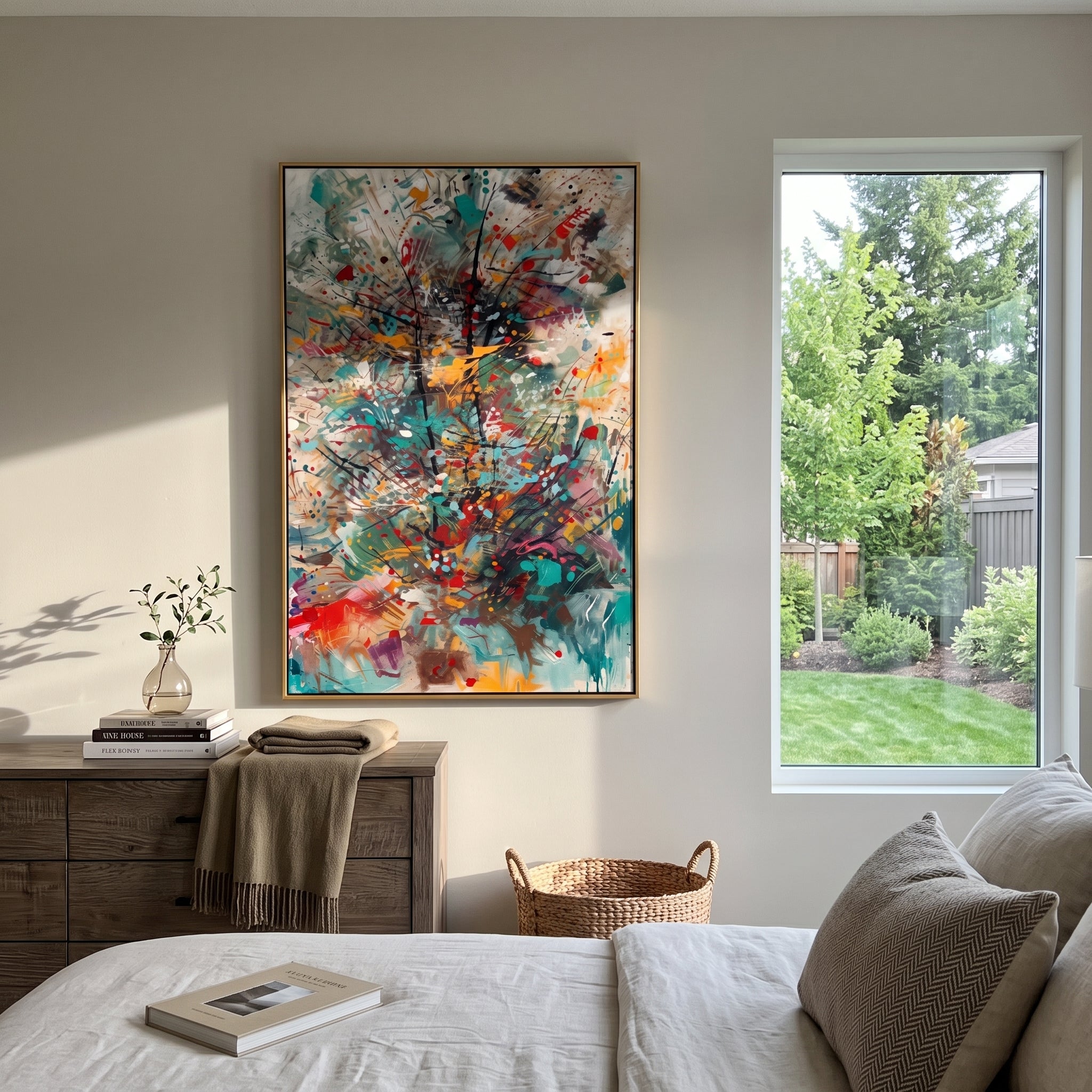 "Turquoise Burst Bohemian Painting" focuses on atmosphere, surface movement, and sculptural heavy impasto craftsmanship rather than a fixed literal storyline. The composition uses this hand-painted vertical canvas presents an energetic bohemian abstract burst with turquoise sweeps, black linear movement, red dots, orange marks, smoky grey layers, and expressive splattered texture as the visual anchor, while layered palette-knife paint, raised plaster-like texture, and softened brush movement