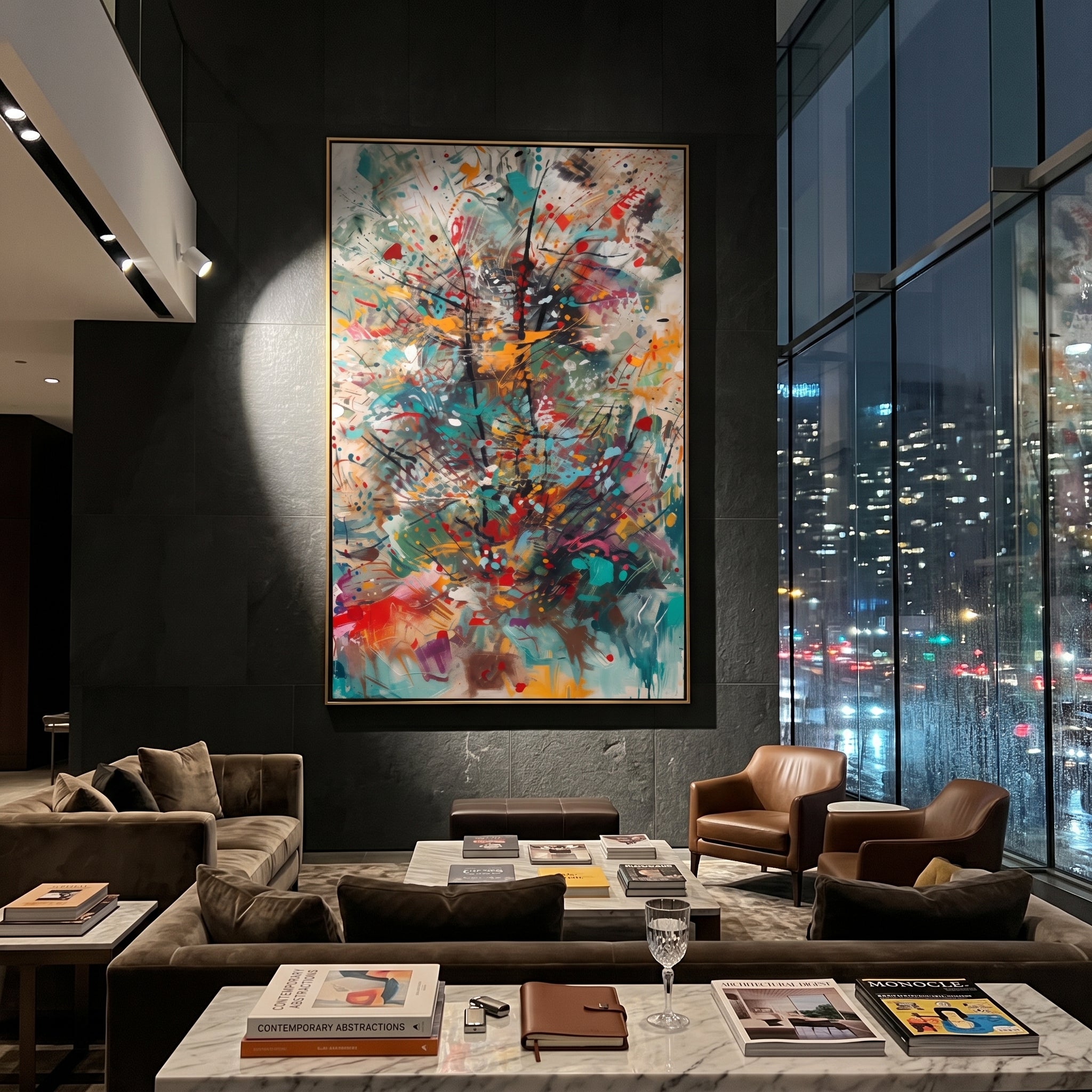 "Turquoise Burst Bohemian Painting" focuses on atmosphere, surface movement, and sculptural heavy impasto craftsmanship rather than a fixed literal storyline. The composition uses this hand-painted vertical canvas presents an energetic bohemian abstract burst with turquoise sweeps, black linear movement, red dots, orange marks, smoky grey layers, and expressive splattered texture as the visual anchor, while layered palette-knife paint, raised plaster-like texture, and softened brush movement
