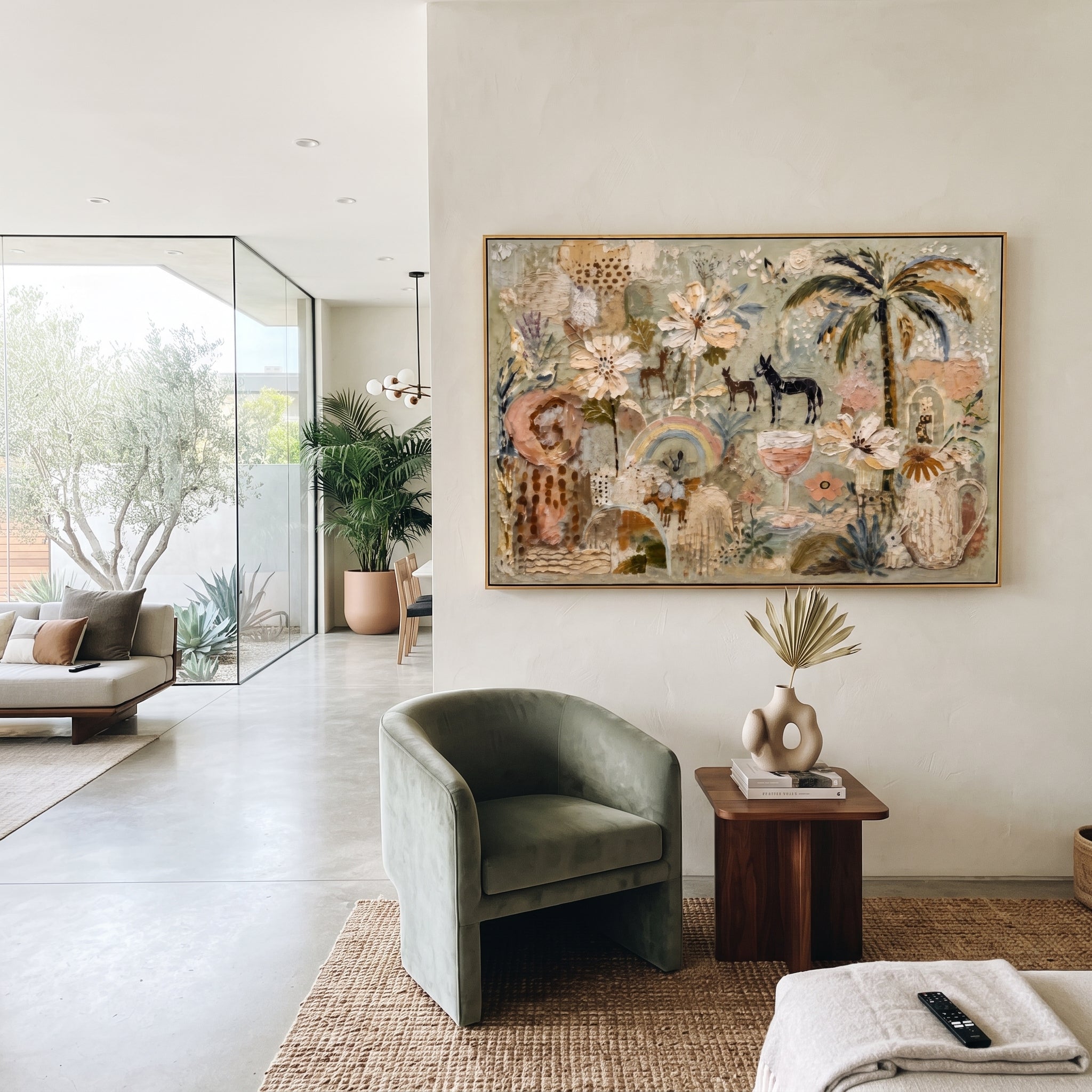 "Neutral Bohemian Palm Garden Painting" focuses on atmosphere, surface movement, and sculptural heavy impasto craftsmanship rather than a fixed literal storyline. The composition uses this hand-painted horizontal canvas presents a neutral bohemian garden with palm tree, cream flowers, small animal figures, arched motifs, soft sage ground, blush details, and raised plaster texture as the visual anchor, while layered palette-knife paint, raised plaster-like texture, and softened brush movement