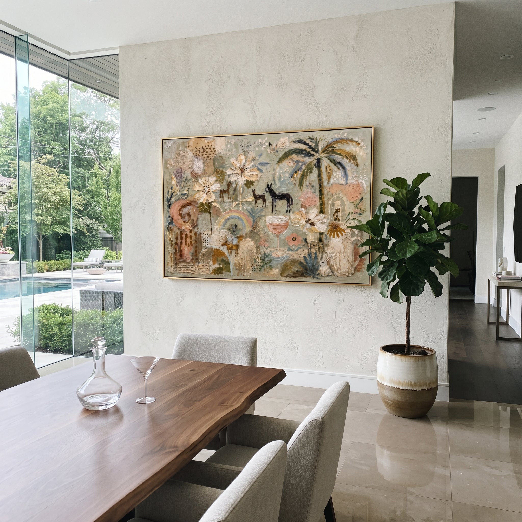 "Neutral Bohemian Palm Garden Painting" focuses on atmosphere, surface movement, and sculptural heavy impasto craftsmanship rather than a fixed literal storyline. The composition uses this hand-painted horizontal canvas presents a neutral bohemian garden with palm tree, cream flowers, small animal figures, arched motifs, soft sage ground, blush details, and raised plaster texture as the visual anchor, while layered palette-knife paint, raised plaster-like texture, and softened brush movement