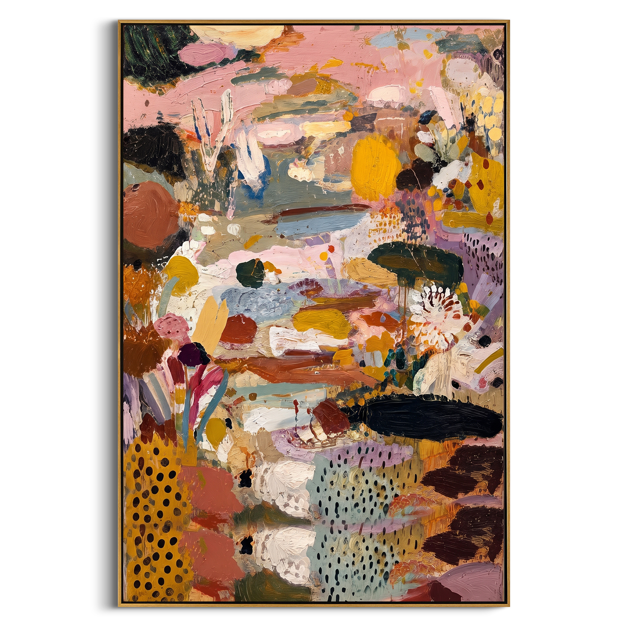 "Golden Pink Bohemian Garden Painting" focuses on atmosphere, surface movement, and sculptural heavy impasto craftsmanship rather than a fixed literal storyline. The composition uses this hand-painted vertical canvas presents a warm bohemian garden abstract with golden yellow forms, dusty pink fields, blue-grey passages, white floral strokes, black dotted patches, and dense impasto texture as the visual anchor, while layered palette-knife paint, raised plaster-like texture, and softened brush