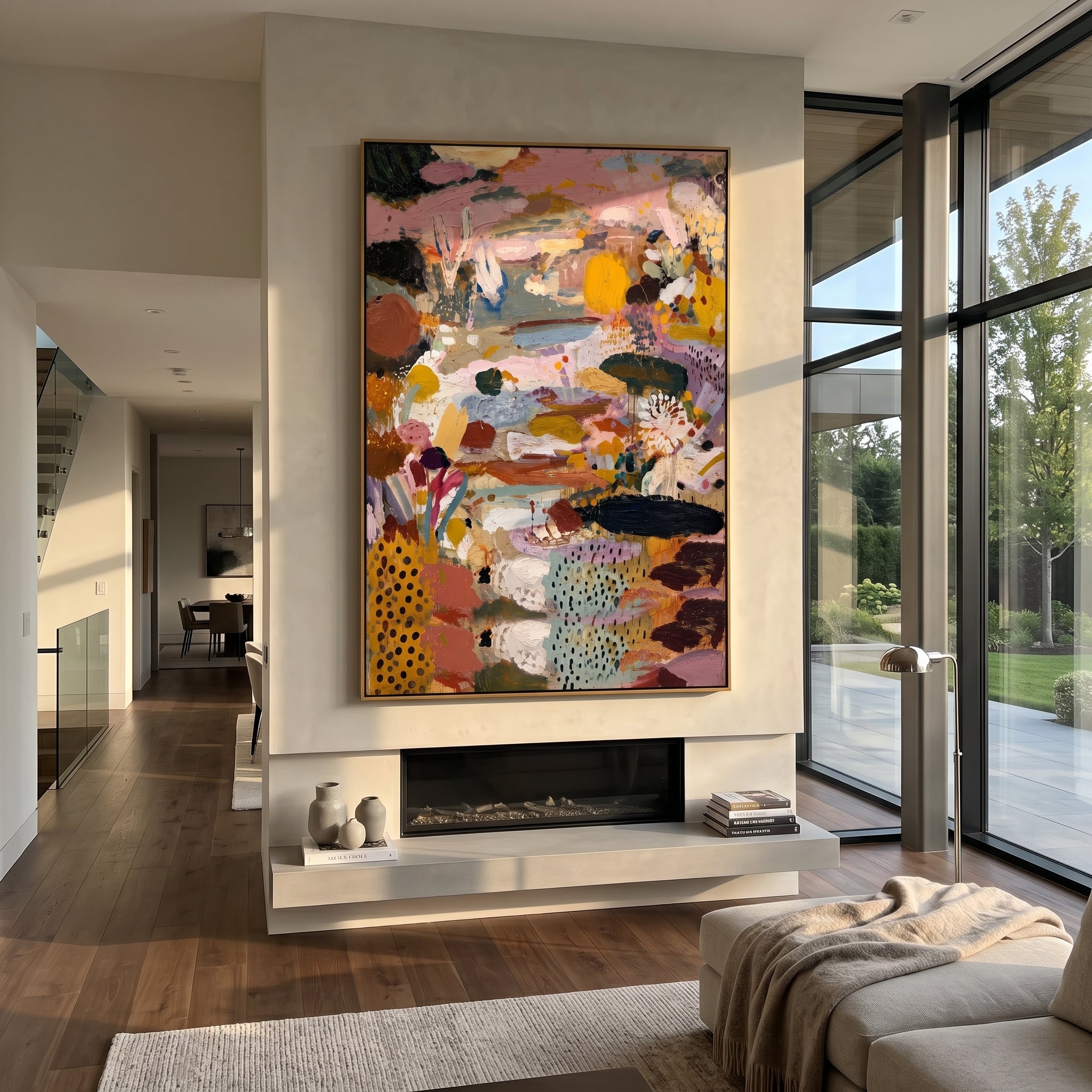 "Golden Pink Bohemian Garden Painting" focuses on atmosphere, surface movement, and sculptural heavy impasto craftsmanship rather than a fixed literal storyline. The composition uses this hand-painted vertical canvas presents a warm bohemian garden abstract with golden yellow forms, dusty pink fields, blue-grey passages, white floral strokes, black dotted patches, and dense impasto texture as the visual anchor, while layered palette-knife paint, raised plaster-like texture, and softened brush