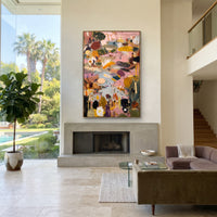 "Dusty Pink Bohemian Meadow Painting" focuses on atmosphere, surface movement, and sculptural heavy impasto craftsmanship rather than a fixed literal storyline. The composition uses this hand-painted vertical canvas presents a dusty pink bohemian meadow abstract with pale blue pathways, mustard yellow floral shapes, olive green cactus-like marks, cream petals, black accents, and thick handmade texture as the visual anchor, while layered palette-knife paint, raised plaster-like texture, and