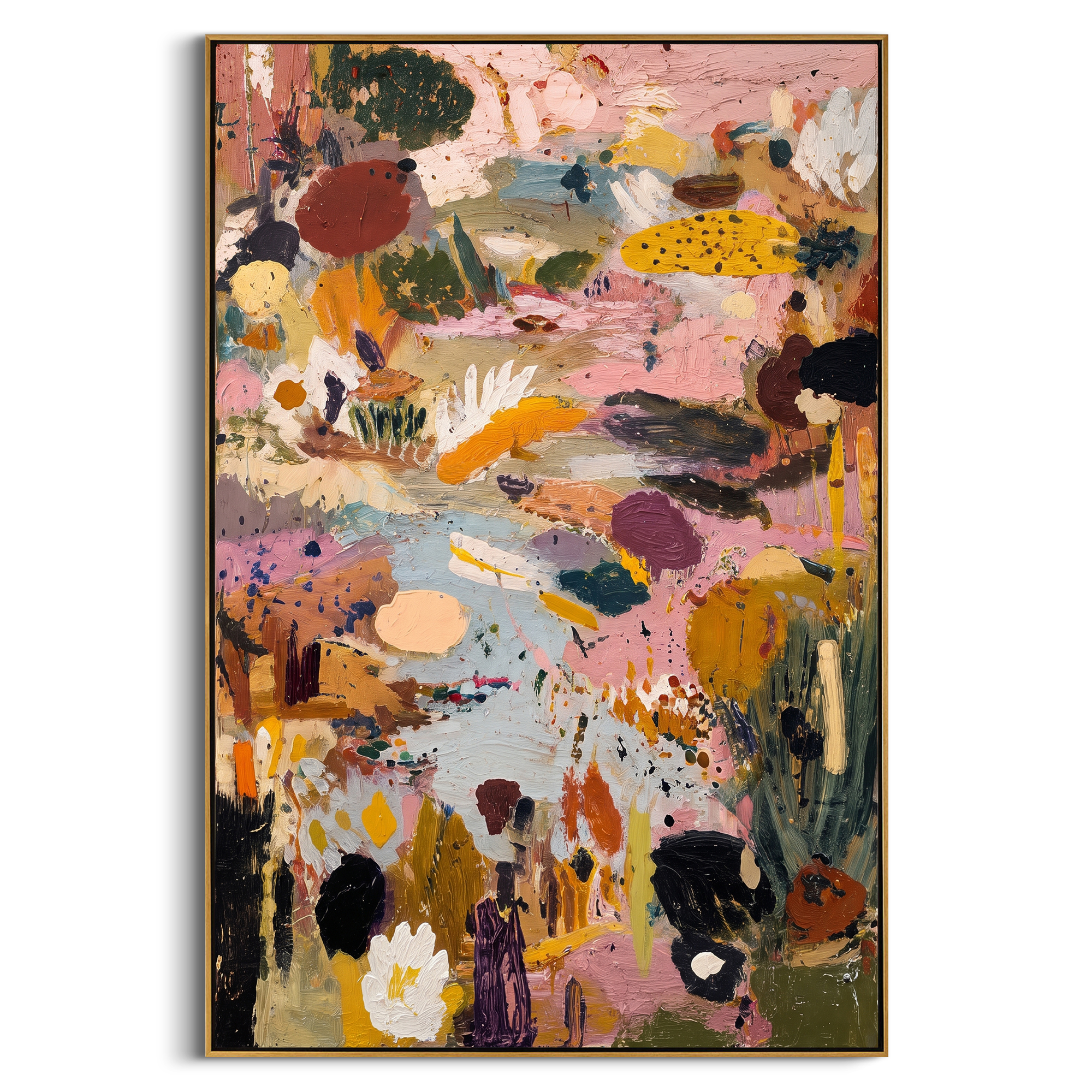 "Dusty Pink Bohemian Meadow Painting" focuses on atmosphere, surface movement, and sculptural heavy impasto craftsmanship rather than a fixed literal storyline. The composition uses this hand-painted vertical canvas presents a dusty pink bohemian meadow abstract with pale blue pathways, mustard yellow floral shapes, olive green cactus-like marks, cream petals, black accents, and thick handmade texture as the visual anchor, while layered palette-knife paint, raised plaster-like texture, and