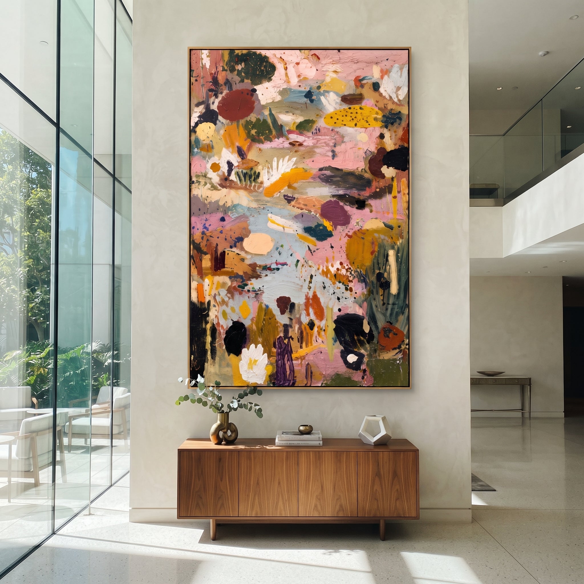 "Dusty Pink Bohemian Meadow Painting" focuses on atmosphere, surface movement, and sculptural heavy impasto craftsmanship rather than a fixed literal storyline. The composition uses this hand-painted vertical canvas presents a dusty pink bohemian meadow abstract with pale blue pathways, mustard yellow floral shapes, olive green cactus-like marks, cream petals, black accents, and thick handmade texture as the visual anchor, while layered palette-knife paint, raised plaster-like texture, and