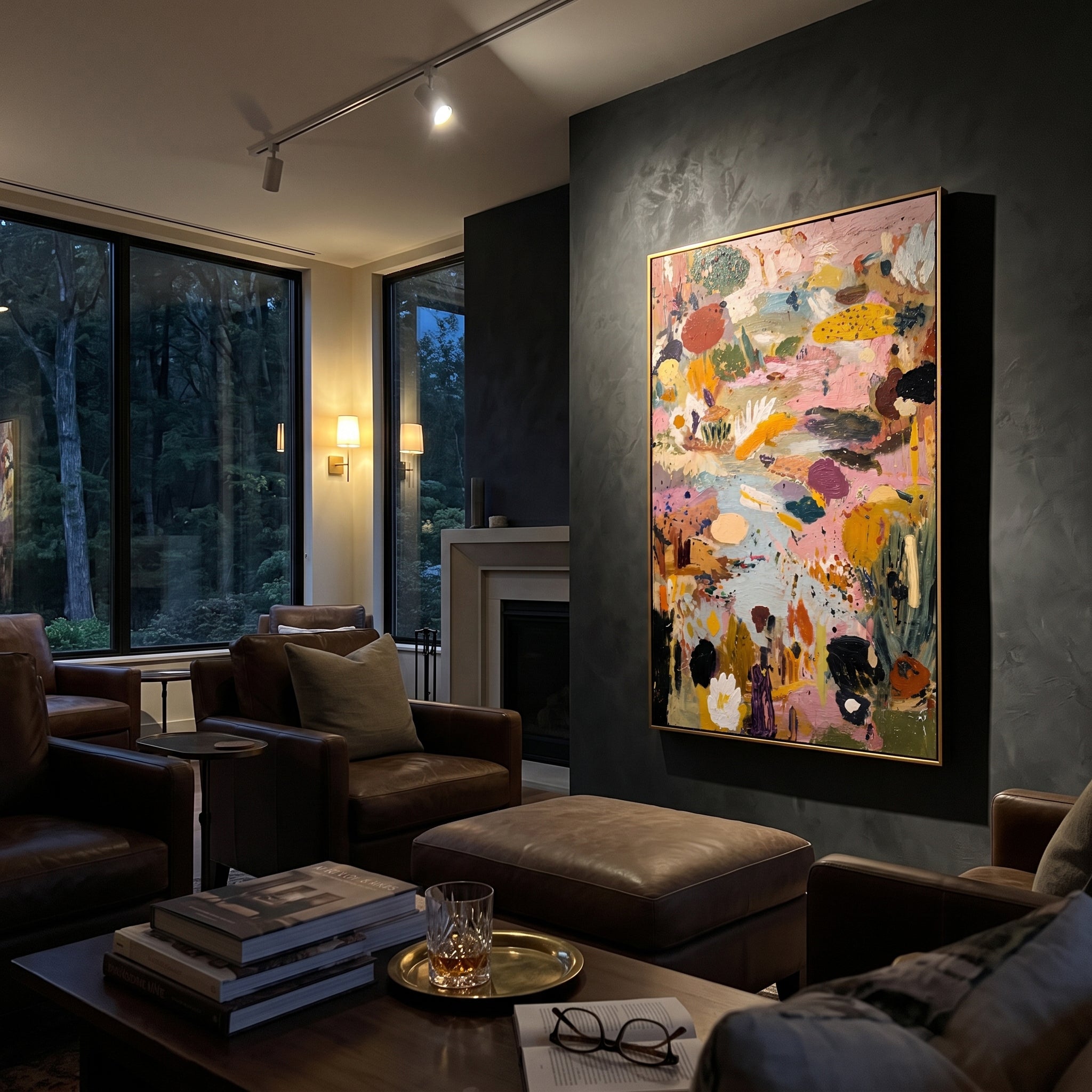"Dusty Pink Bohemian Meadow Painting" focuses on atmosphere, surface movement, and sculptural heavy impasto craftsmanship rather than a fixed literal storyline. The composition uses this hand-painted vertical canvas presents a dusty pink bohemian meadow abstract with pale blue pathways, mustard yellow floral shapes, olive green cactus-like marks, cream petals, black accents, and thick handmade texture as the visual anchor, while layered palette-knife paint, raised plaster-like texture, and