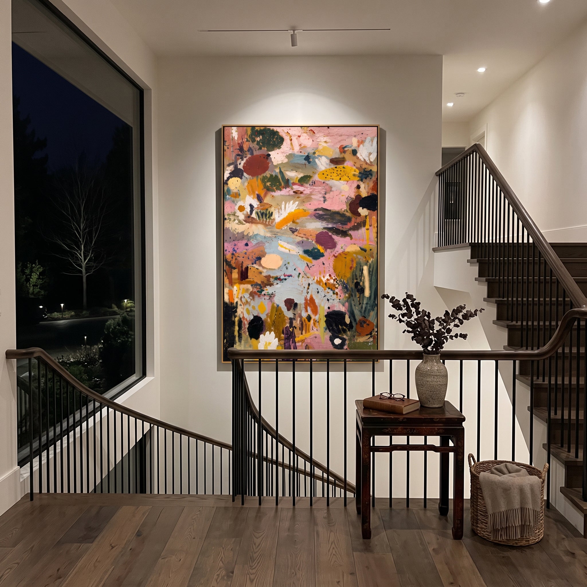"Dusty Pink Bohemian Meadow Painting" focuses on atmosphere, surface movement, and sculptural heavy impasto craftsmanship rather than a fixed literal storyline. The composition uses this hand-painted vertical canvas presents a dusty pink bohemian meadow abstract with pale blue pathways, mustard yellow floral shapes, olive green cactus-like marks, cream petals, black accents, and thick handmade texture as the visual anchor, while layered palette-knife paint, raised plaster-like texture, and