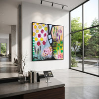 "Bohemian Vase Pattern Painting" focuses on atmosphere, surface movement, and sculptural heavy impasto craftsmanship rather than a fixed literal storyline. The composition uses this hand-painted square canvas presents a bohemian vase and pattern abstract with yellow circular marks, red jewel-like shapes, black graphic structure, green blocks, pale blue forms, and lively decorative brushwork as the visual anchor, while layered palette-knife paint, raised plaster-like texture, and softened brush