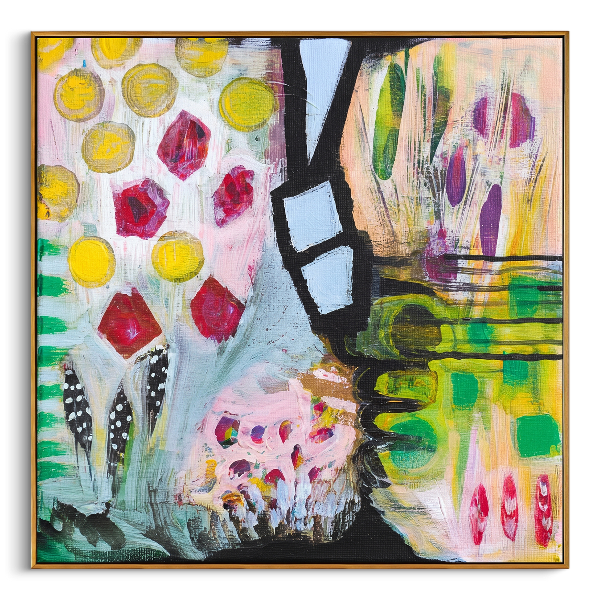 "Bohemian Vase Pattern Painting" - Modern Heavy Impasto Floral Abstract | Yellow & Green Palette Knife Painting | Luxury Square Wall Art #PT 1371