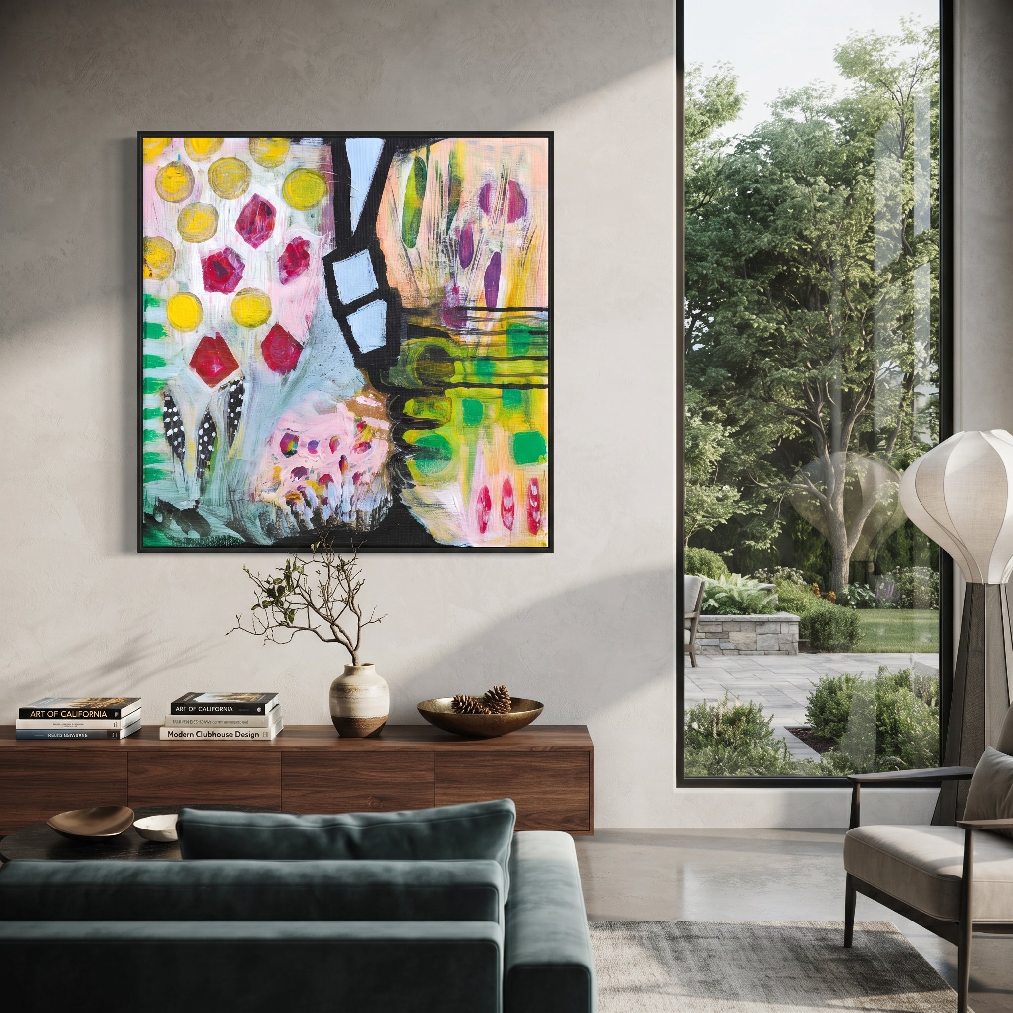 "Bohemian Vase Pattern Painting" focuses on atmosphere, surface movement, and sculptural heavy impasto craftsmanship rather than a fixed literal storyline. The composition uses this hand-painted square canvas presents a bohemian vase and pattern abstract with yellow circular marks, red jewel-like shapes, black graphic structure, green blocks, pale blue forms, and lively decorative brushwork as the visual anchor, while layered palette-knife paint, raised plaster-like texture, and softened brush