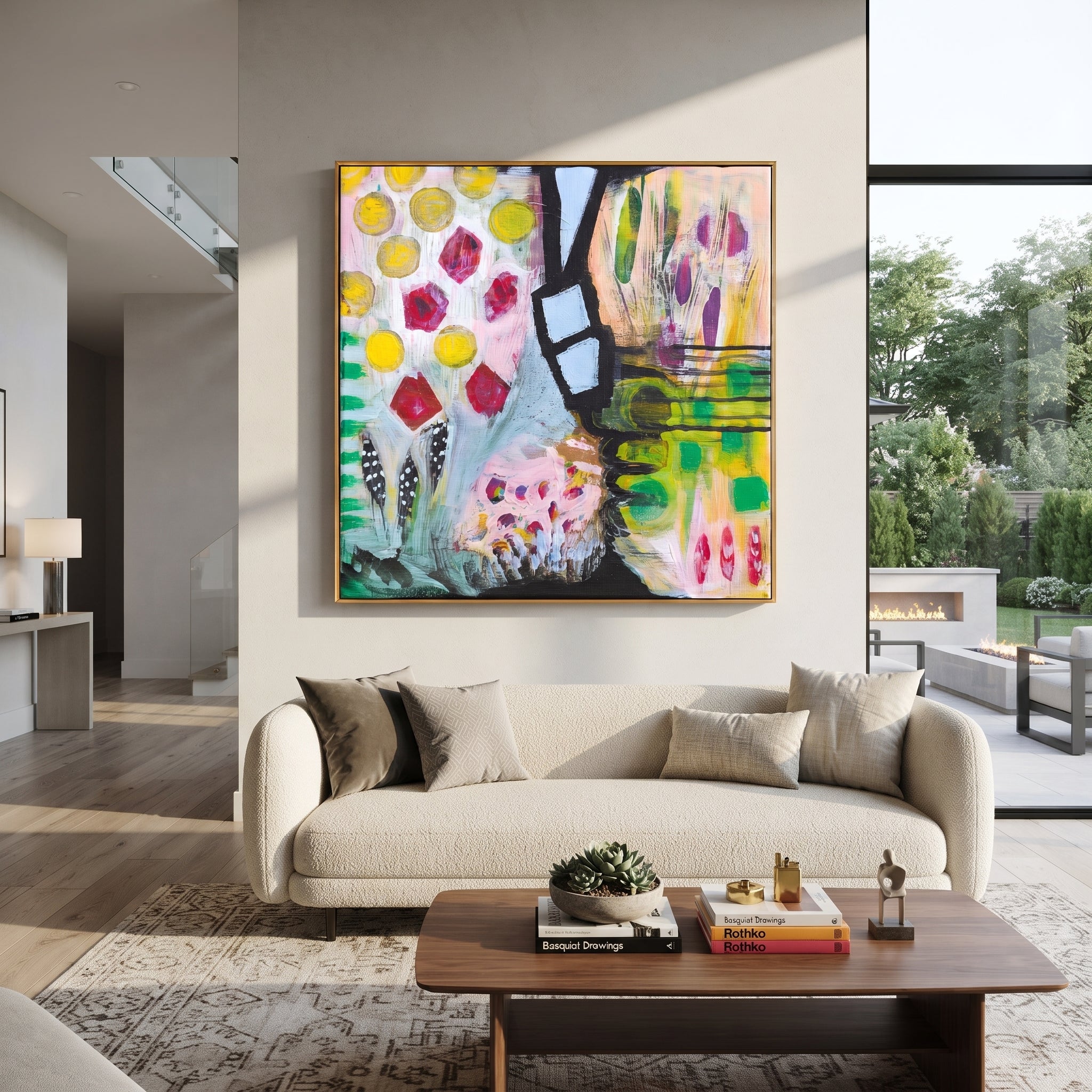 "Bohemian Vase Pattern Painting" focuses on atmosphere, surface movement, and sculptural heavy impasto craftsmanship rather than a fixed literal storyline. The composition uses this hand-painted square canvas presents a bohemian vase and pattern abstract with yellow circular marks, red jewel-like shapes, black graphic structure, green blocks, pale blue forms, and lively decorative brushwork as the visual anchor, while layered palette-knife paint, raised plaster-like texture, and softened brush
