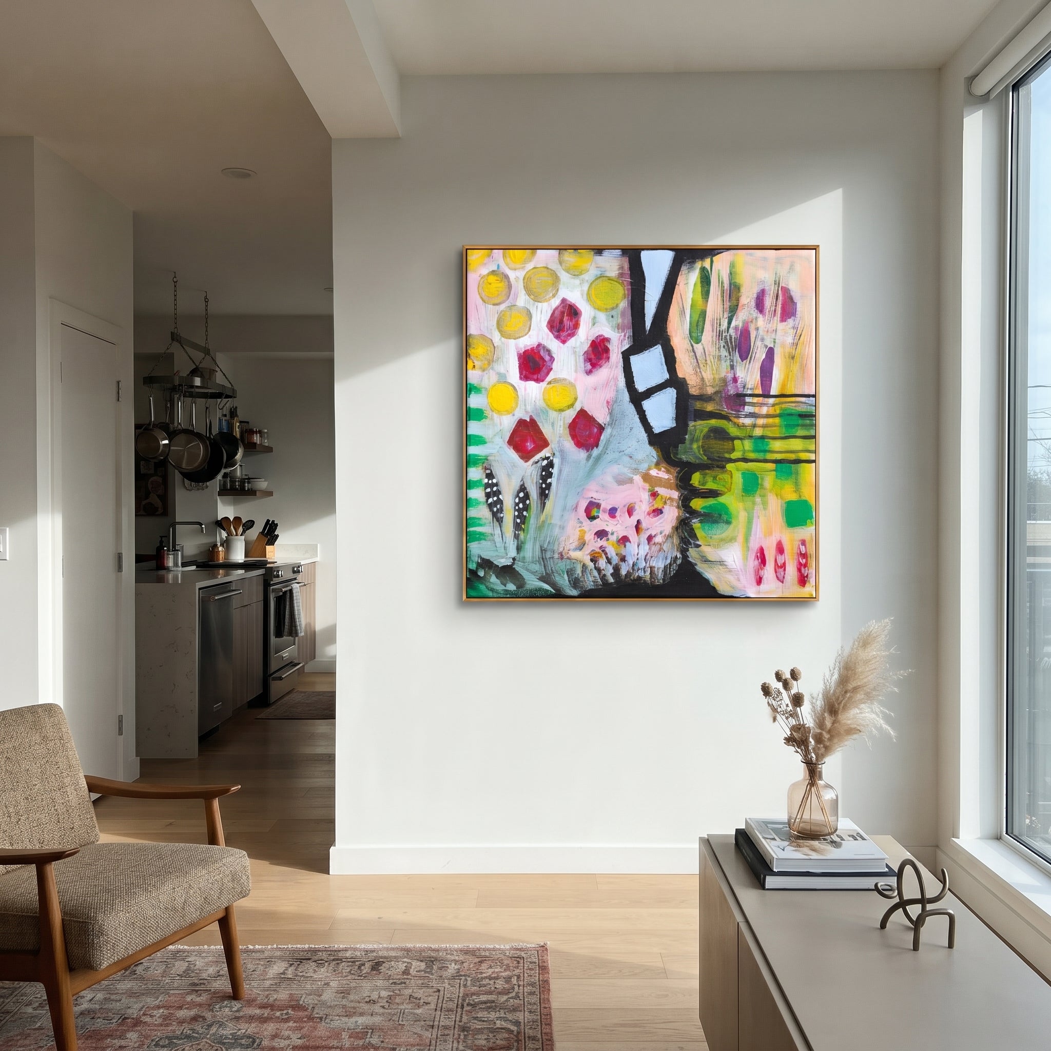 "Bohemian Vase Pattern Painting" focuses on atmosphere, surface movement, and sculptural heavy impasto craftsmanship rather than a fixed literal storyline. The composition uses this hand-painted square canvas presents a bohemian vase and pattern abstract with yellow circular marks, red jewel-like shapes, black graphic structure, green blocks, pale blue forms, and lively decorative brushwork as the visual anchor, while layered palette-knife paint, raised plaster-like texture, and softened brush