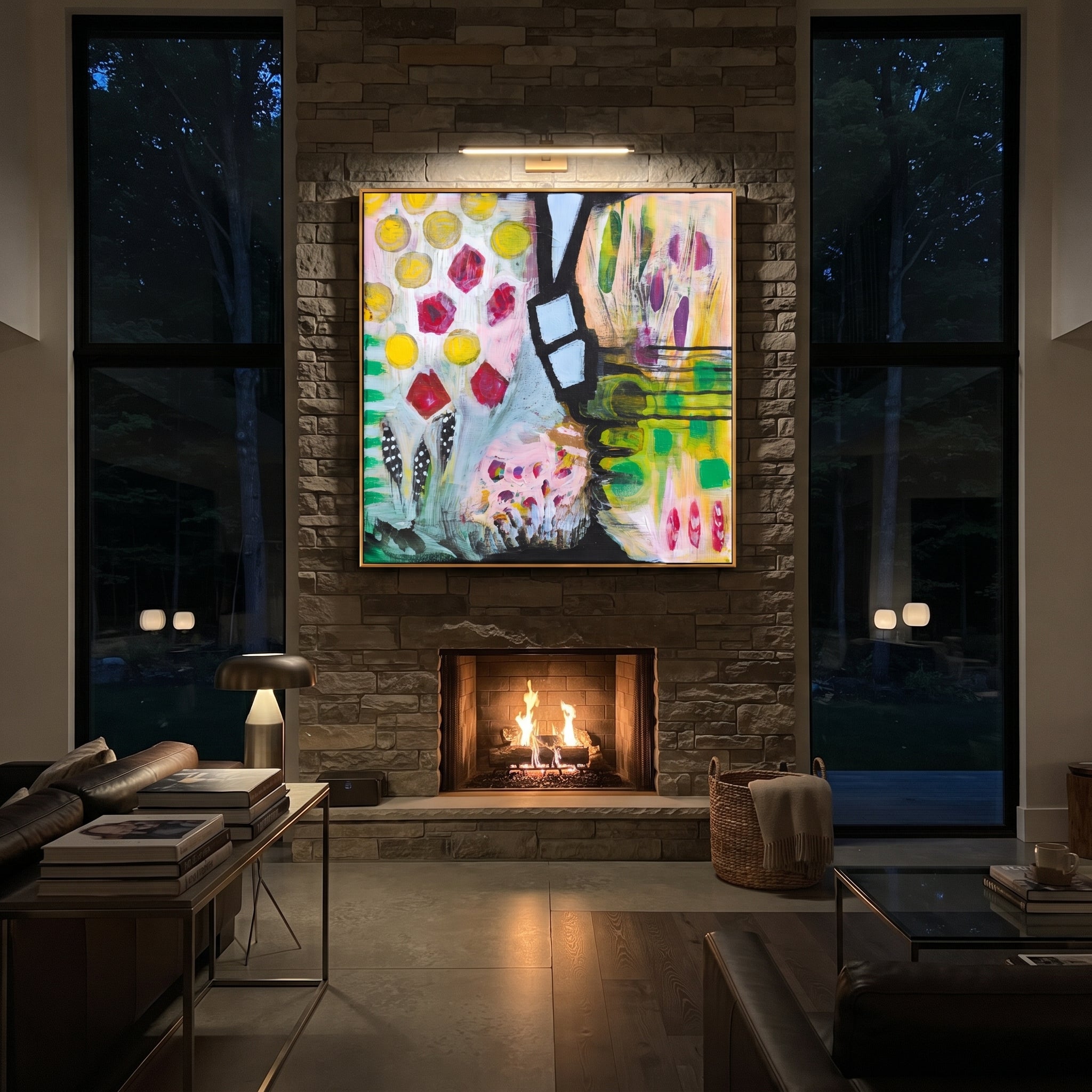 "Bohemian Vase Pattern Painting" focuses on atmosphere, surface movement, and sculptural heavy impasto craftsmanship rather than a fixed literal storyline. The composition uses this hand-painted square canvas presents a bohemian vase and pattern abstract with yellow circular marks, red jewel-like shapes, black graphic structure, green blocks, pale blue forms, and lively decorative brushwork as the visual anchor, while layered palette-knife paint, raised plaster-like texture, and softened brush
