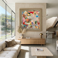 "Bohemian Mixed Media Collage Painting" focuses on atmosphere, surface movement, and sculptural heavy impasto craftsmanship rather than a fixed literal storyline. The composition uses this hand-painted square canvas presents a bohemian mixed-media style collage with taupe ground, red and coral accents, turquoise marks, cream scribble texture, black linework, and layered abstract forms as the visual anchor, while layered palette-knife paint, raised plaster-like texture, and softened brush