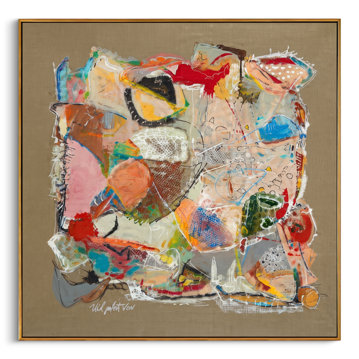 "Bohemian Mixed Media Collage Painting" - Modern Heavy Impasto Geometric Abstract | Beige & Red Palette Knife Painting | Luxury Square Wall Art #PT 1372