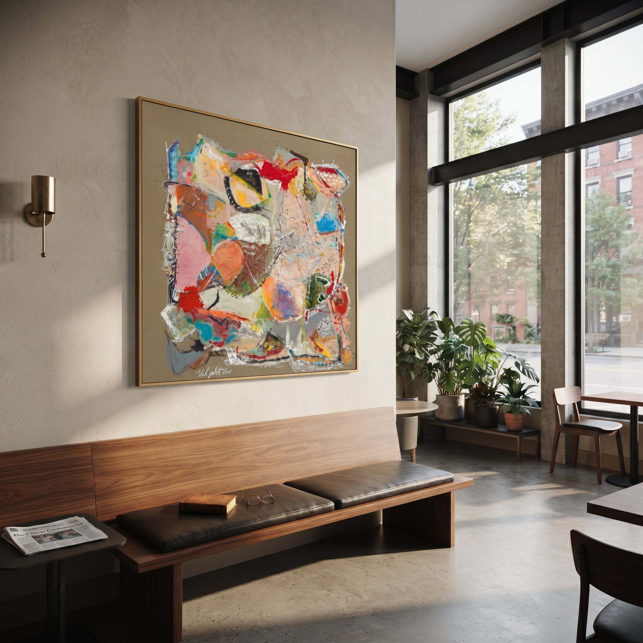 "Bohemian Mixed Media Collage Painting" focuses on atmosphere, surface movement, and sculptural heavy impasto craftsmanship rather than a fixed literal storyline. The composition uses this hand-painted square canvas presents a bohemian mixed-media style collage with taupe ground, red and coral accents, turquoise marks, cream scribble texture, black linework, and layered abstract forms as the visual anchor, while layered palette-knife paint, raised plaster-like texture, and softened brush