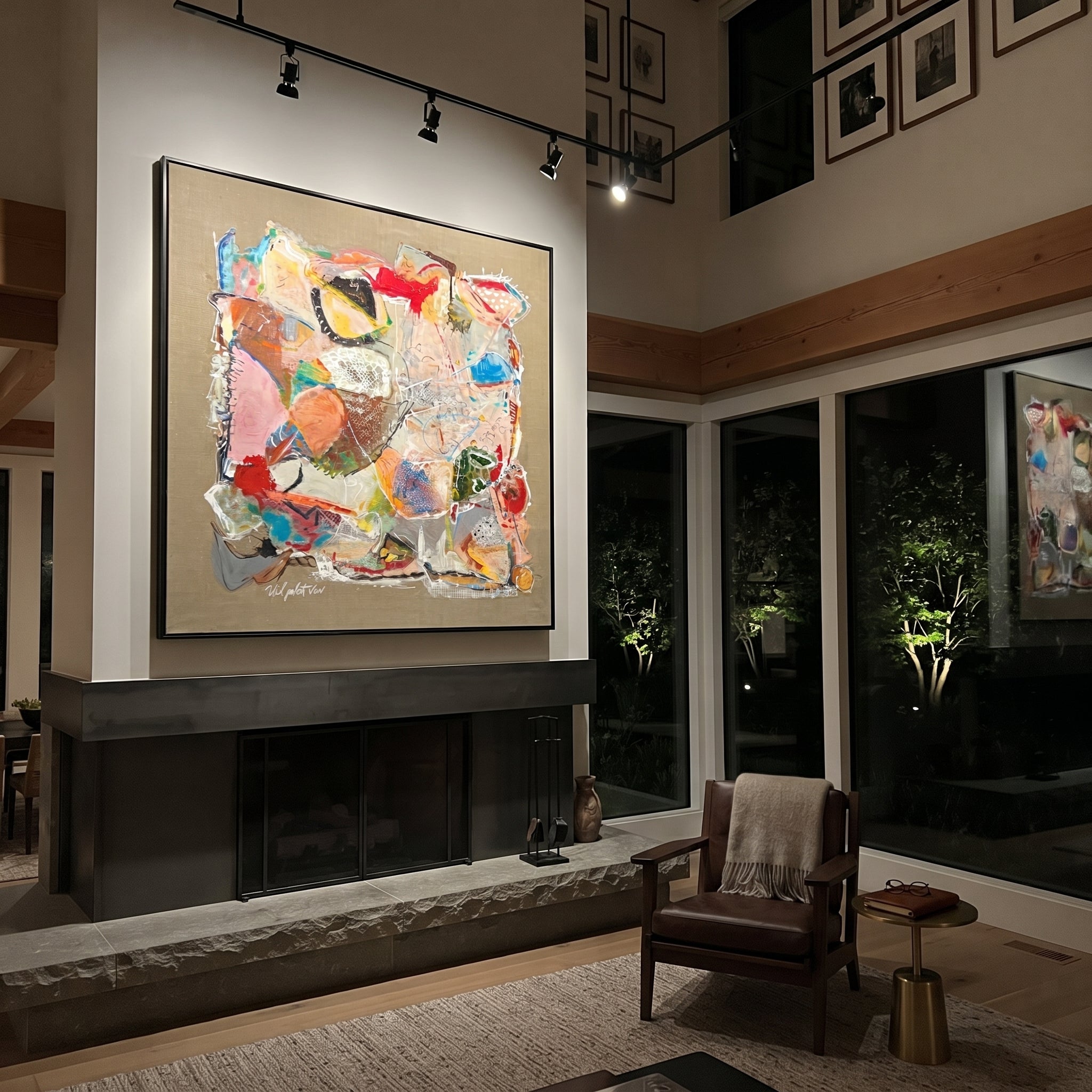 "Bohemian Mixed Media Collage Painting" focuses on atmosphere, surface movement, and sculptural heavy impasto craftsmanship rather than a fixed literal storyline. The composition uses this hand-painted square canvas presents a bohemian mixed-media style collage with taupe ground, red and coral accents, turquoise marks, cream scribble texture, black linework, and layered abstract forms as the visual anchor, while layered palette-knife paint, raised plaster-like texture, and softened brush