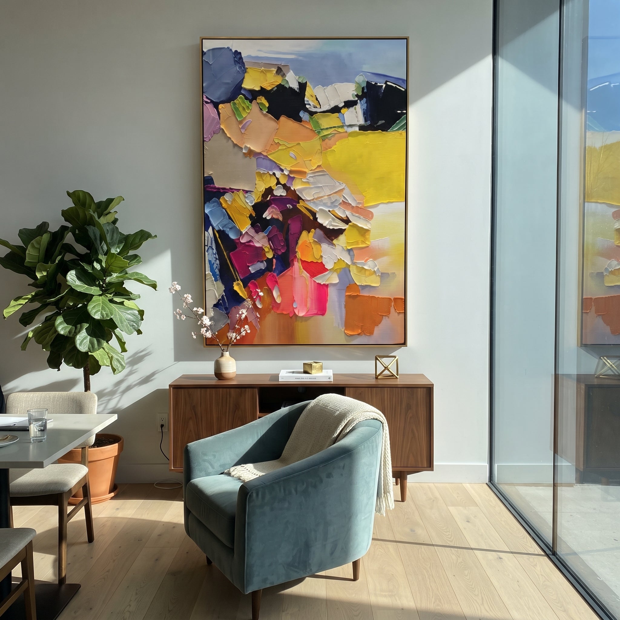 "Bold Yellow Bohemian Impasto Painting" focuses on atmosphere, surface movement, and sculptural heavy impasto craftsmanship rather than a fixed literal storyline. The composition uses this hand-painted vertical canvas presents a bold bohemian impasto abstract with heavy yellow blocks, lavender and blue strokes, black contrast, pink and orange accents, and sculptural palette-knife layers as the visual anchor, while layered palette-knife paint, raised plaster-like texture, and softened brush